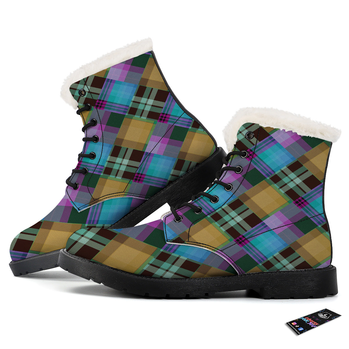 Diagonal Madras Blue Tartan Plaid Print Pattern Winter Boots-grizzshop