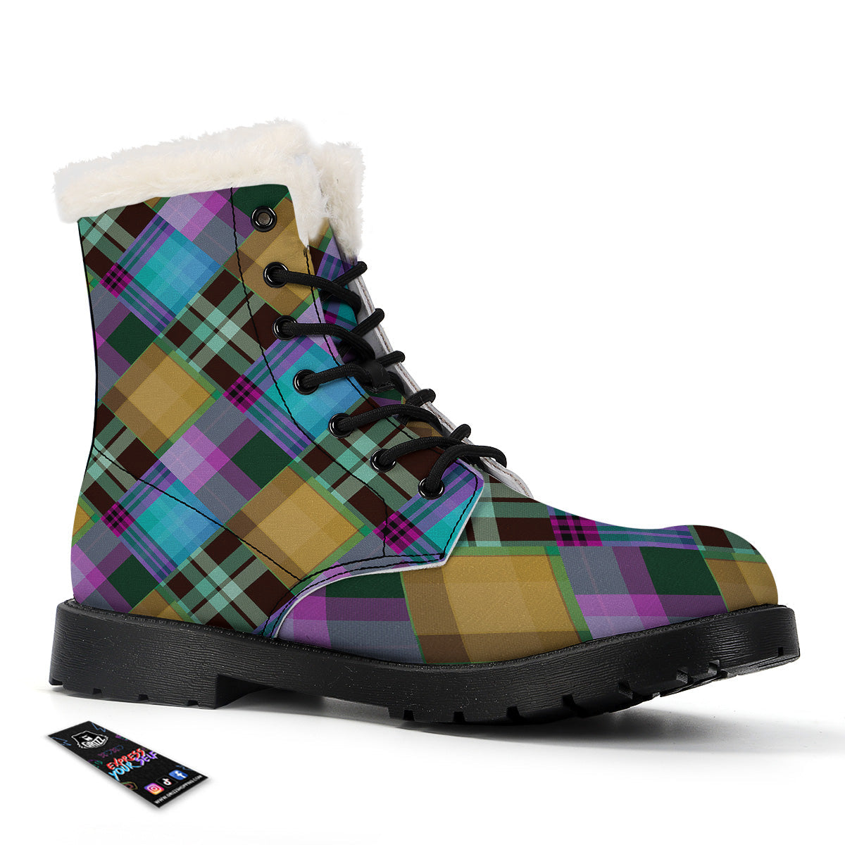 Diagonal Madras Blue Tartan Plaid Print Pattern Winter Boots-grizzshop