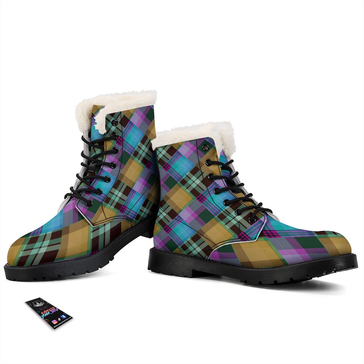 Diagonal Madras Blue Tartan Plaid Print Pattern Winter Boots-grizzshop