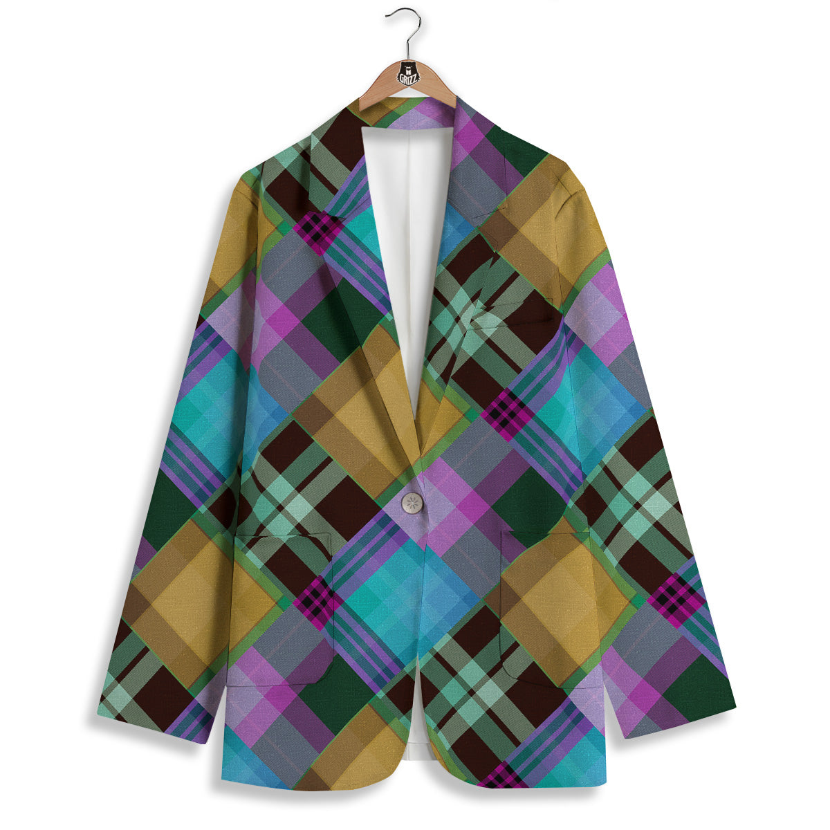 Diagonal Madras Blue Tartan Plaid Print Pattern Women's Blazer-grizzshop