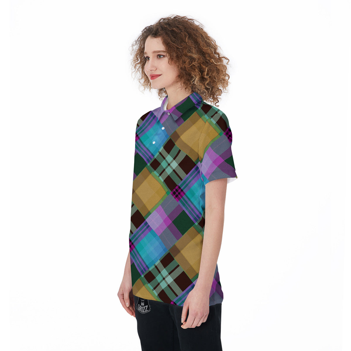 Diagonal Madras Blue Tartan Plaid Print Pattern Women's Golf Shirts-grizzshop