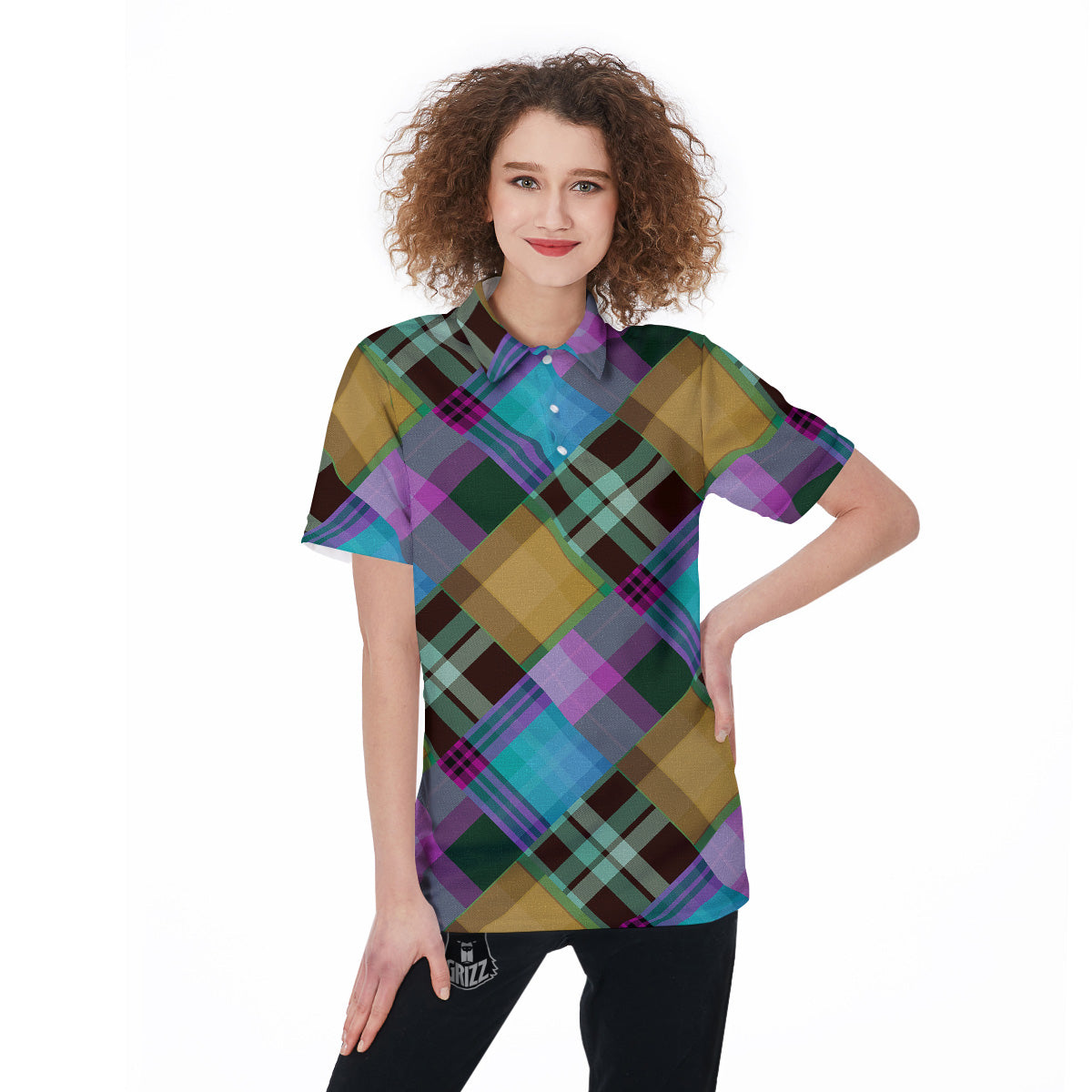Diagonal Madras Blue Tartan Plaid Print Pattern Women's Golf Shirts-grizzshop