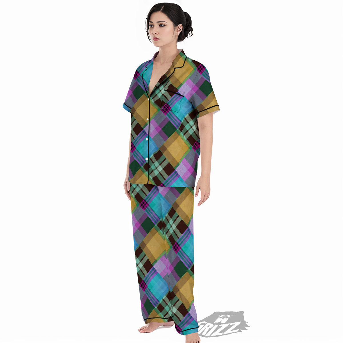 Diagonal Madras Blue Tartan Plaid Print Pattern Women's Pajamas Set-grizzshop