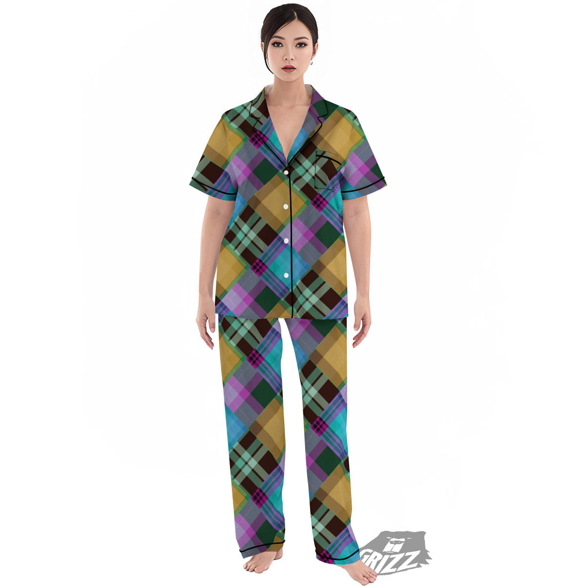 Diagonal Madras Blue Tartan Plaid Print Pattern Women's Pajamas Set-grizzshop