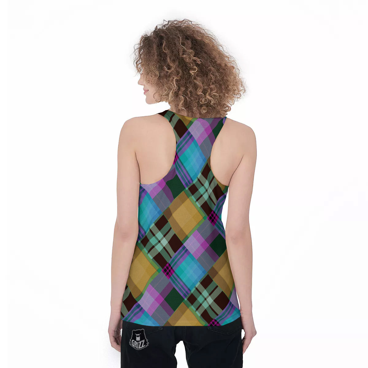 Diagonal Madras Blue Tartan Plaid Print Pattern Women's Racerback Tank Top-grizzshop