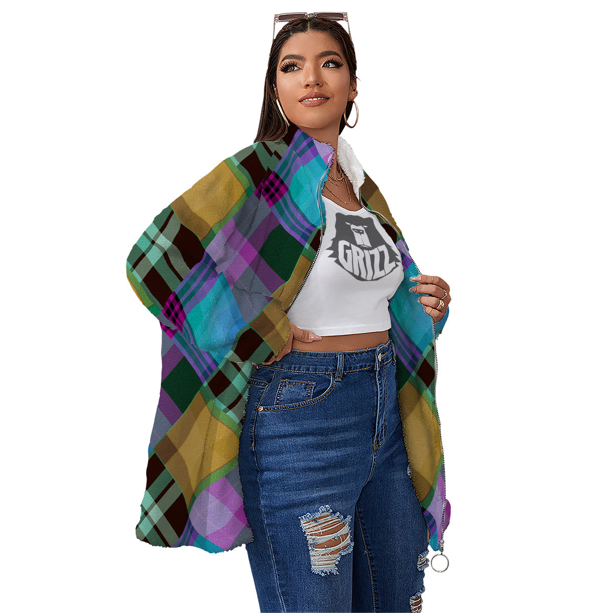 Diagonal Madras Blue Tartan Plaid Print Pattern Women's Sherpa Jacket-grizzshop