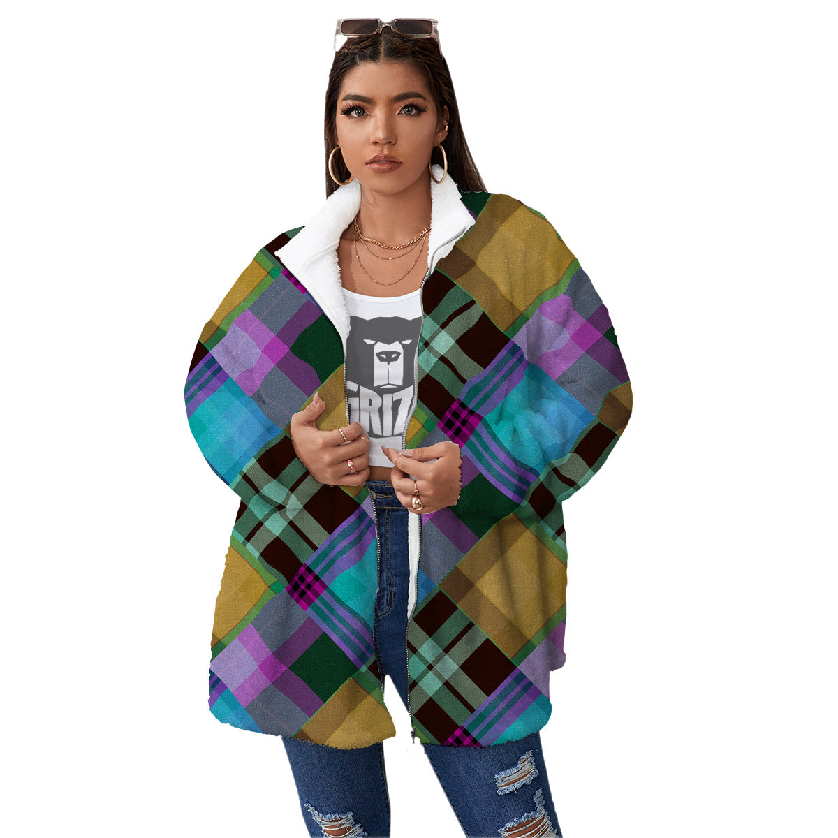 Diagonal Madras Blue Tartan Plaid Print Pattern Women's Sherpa Jacket-grizzshop