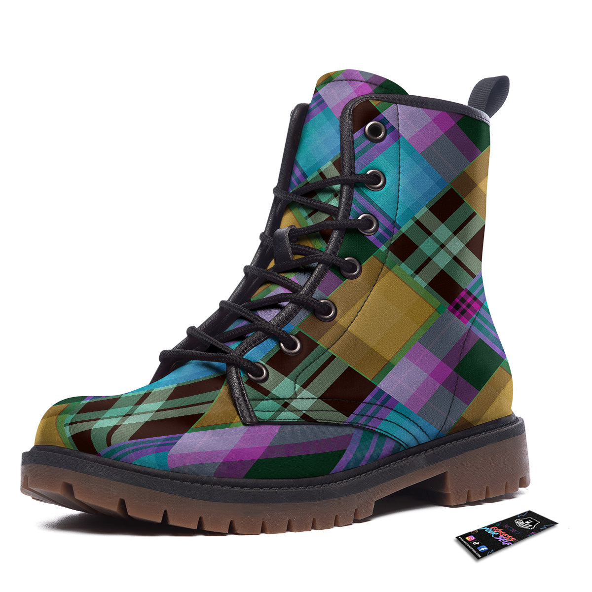 Diagonal Madras Blue Tartan Plaid Print Pattern Work Boots-grizzshop