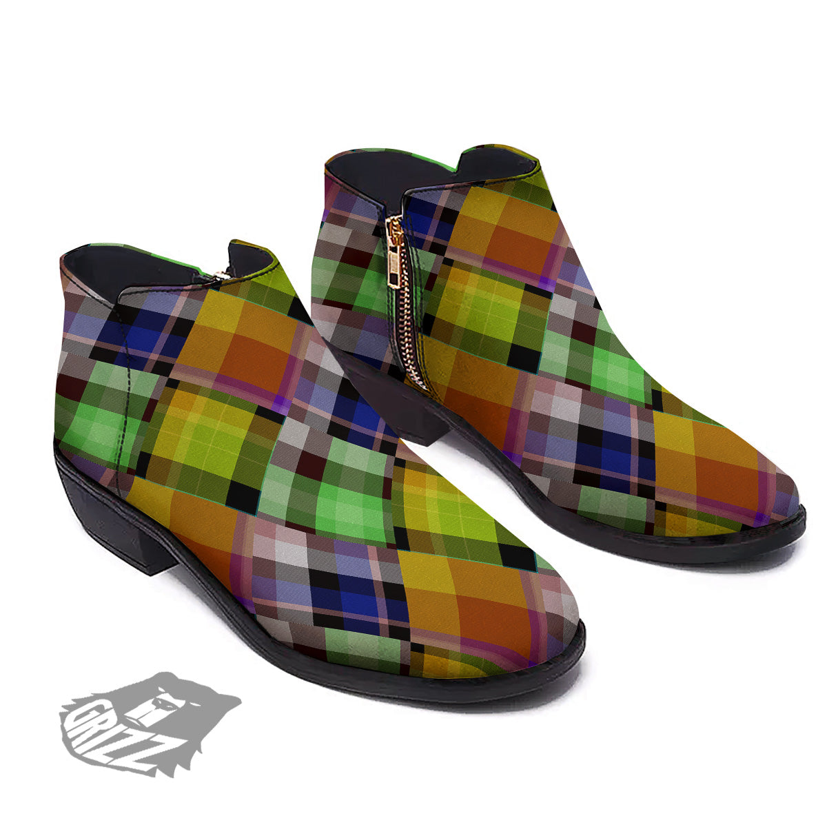 Diagonal Madras Plaid Print Pattern Ankle Boots-grizzshop