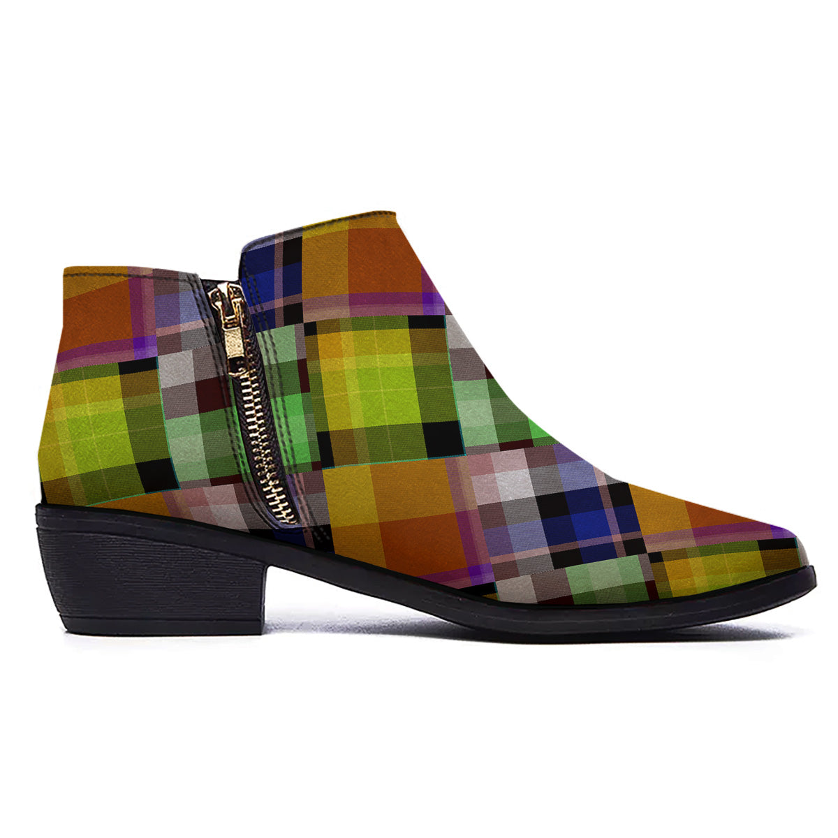Diagonal Madras Plaid Print Pattern Ankle Boots-grizzshop