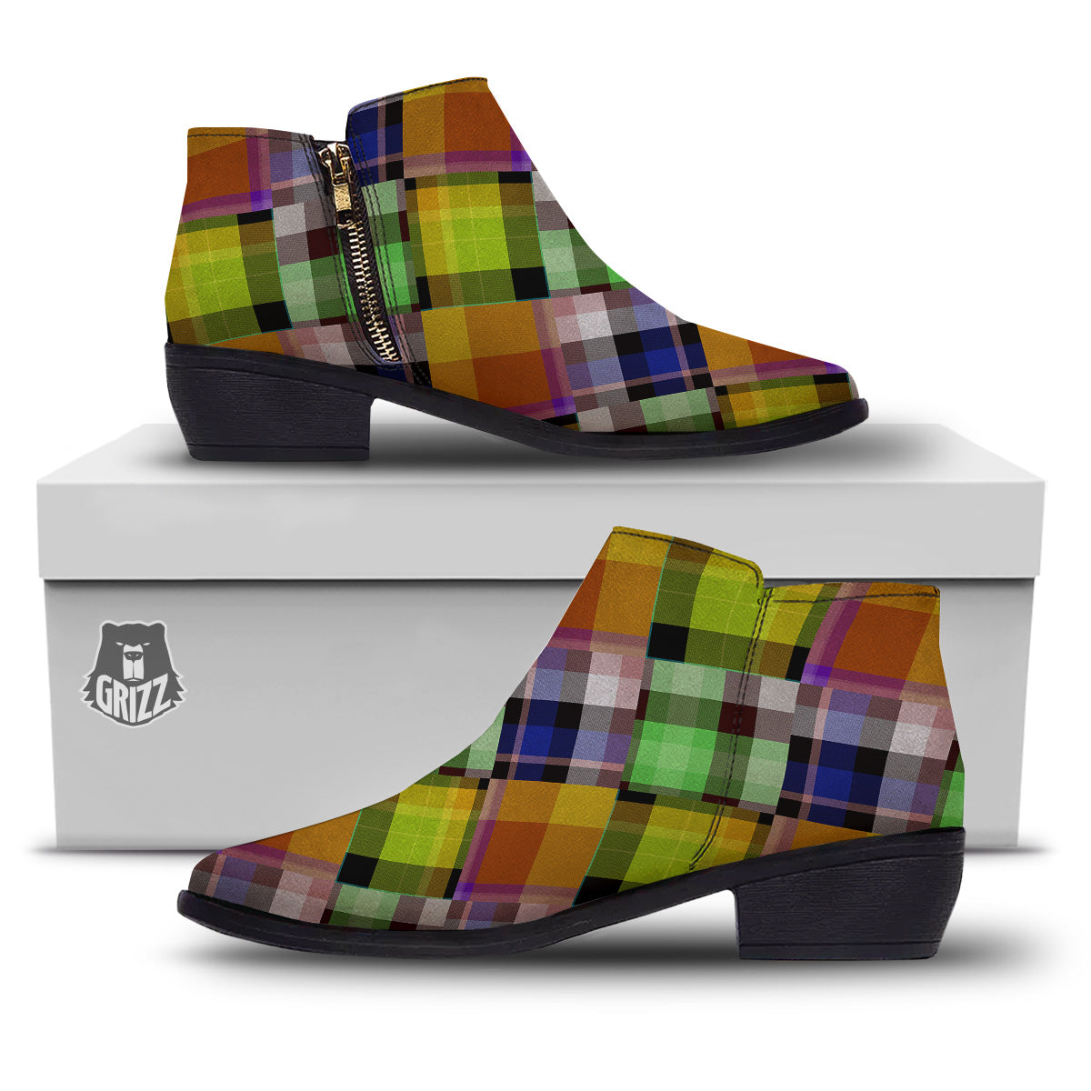 Diagonal Madras Plaid Print Pattern Ankle Boots-grizzshop