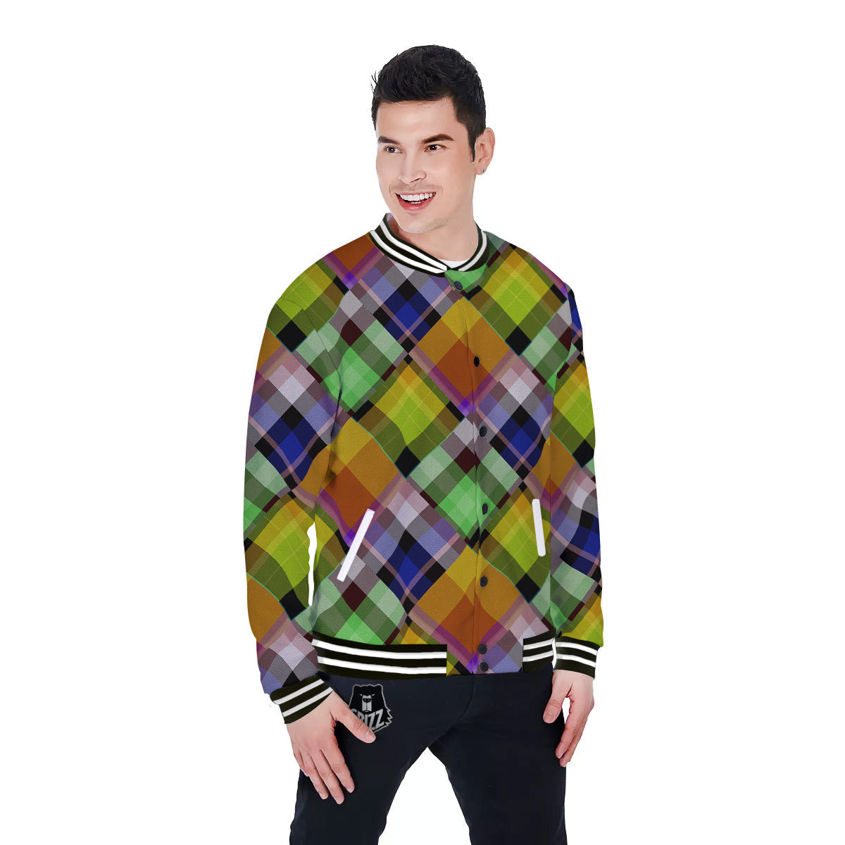 Diagonal Madras Plaid Print Pattern Baseball Jacket-grizzshop