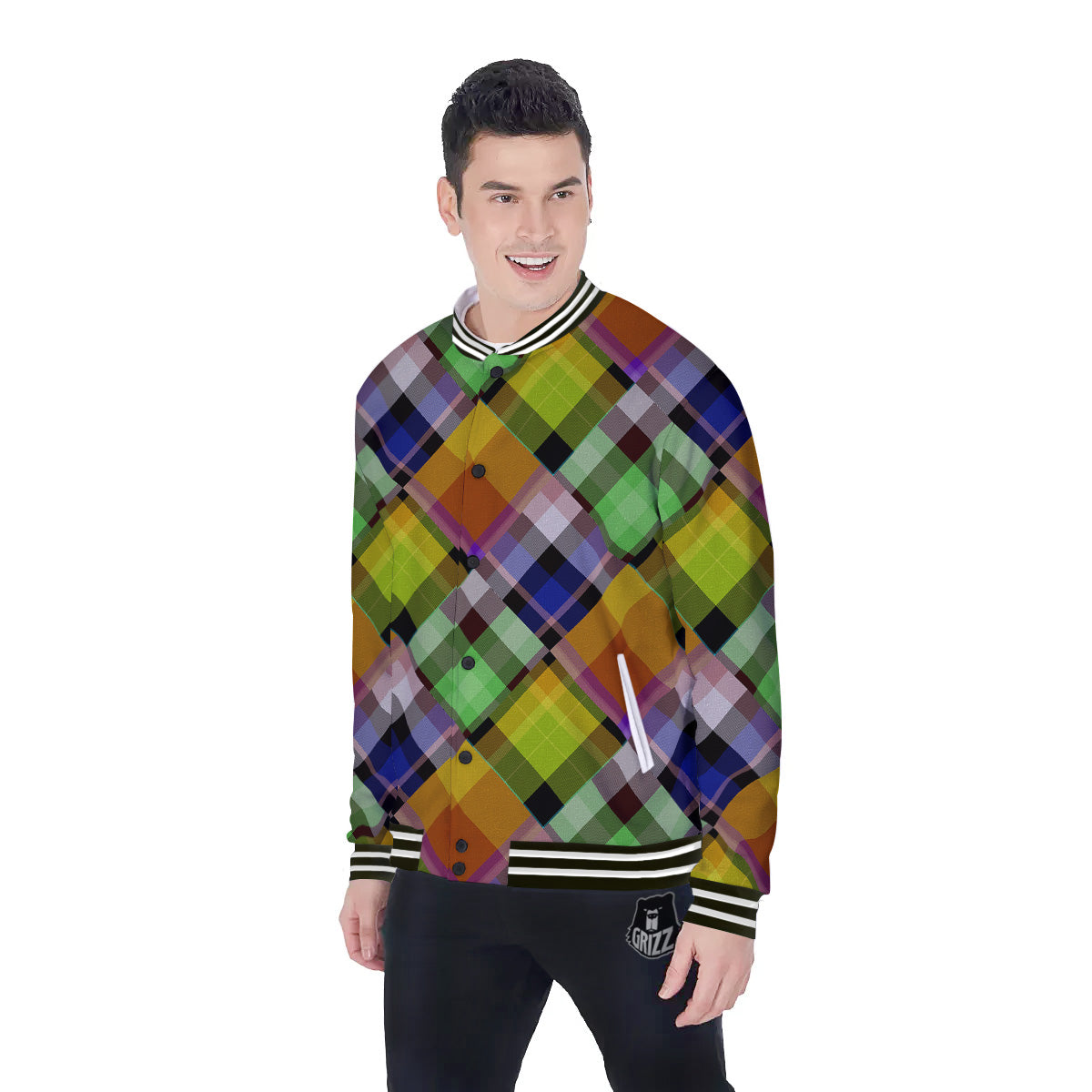 Diagonal Madras Plaid Print Pattern Baseball Jacket-grizzshop