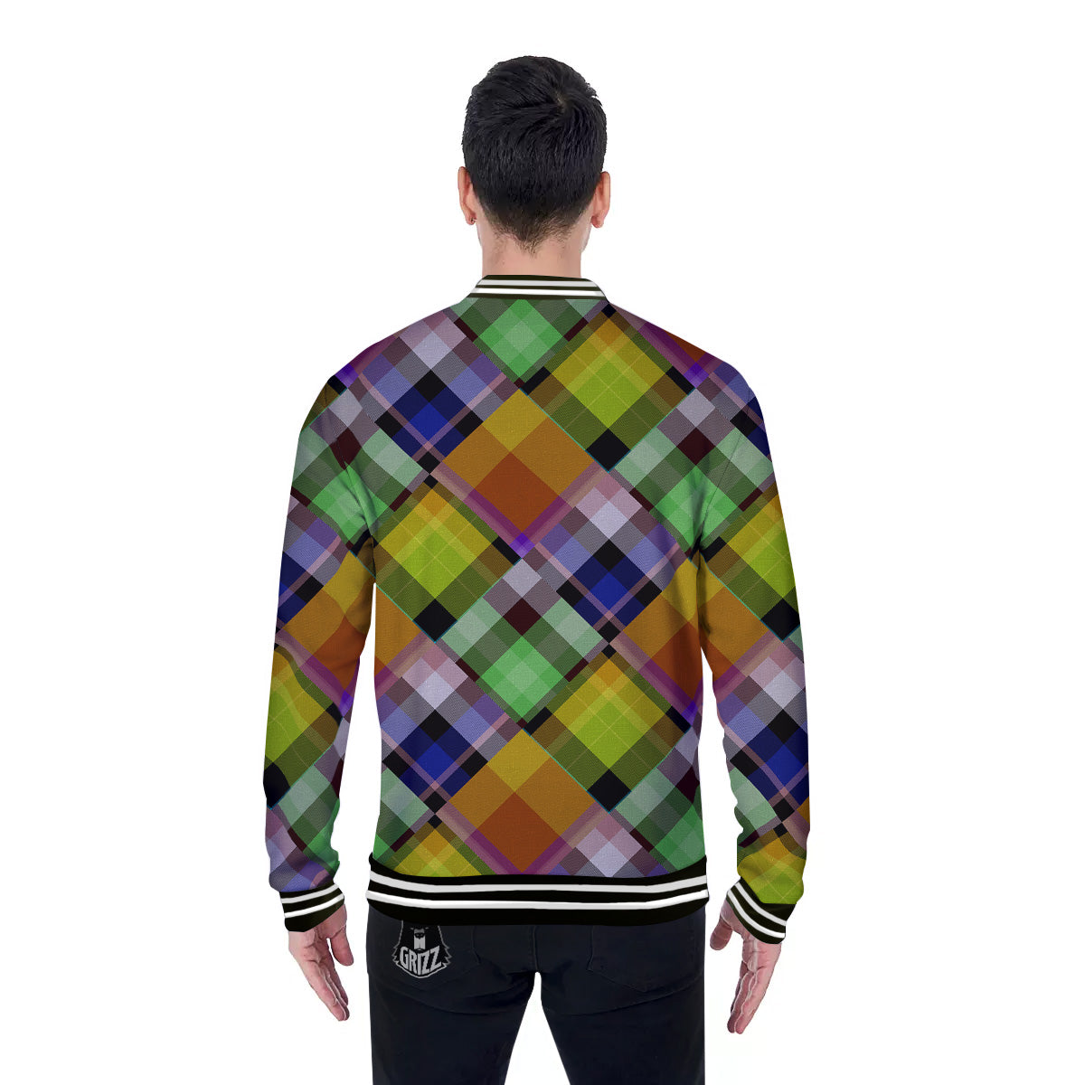 Diagonal Madras Plaid Print Pattern Baseball Jacket-grizzshop