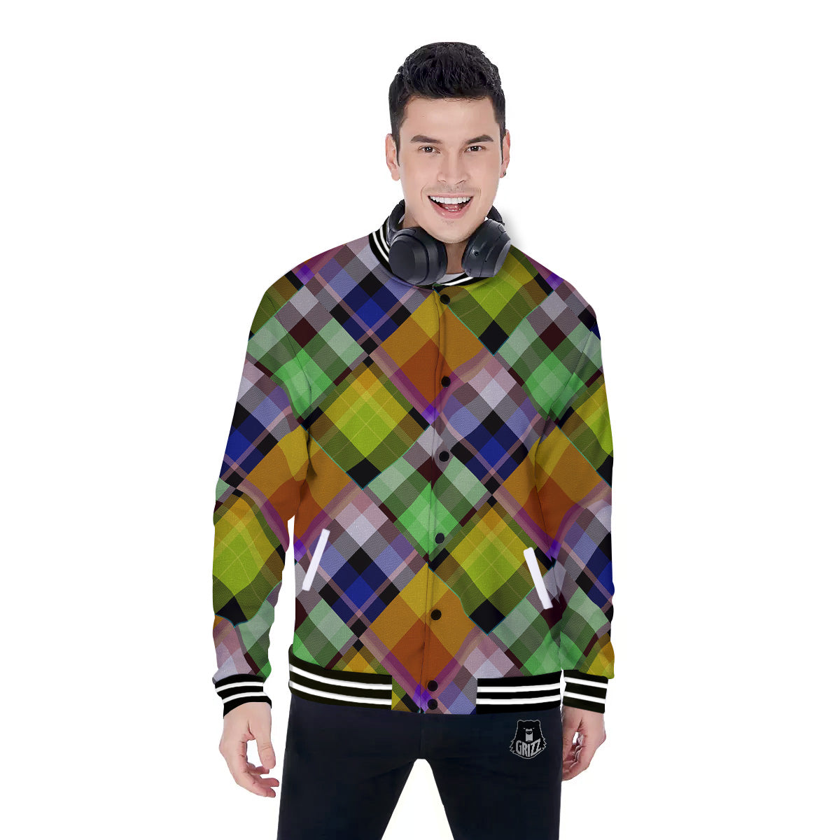 Diagonal Madras Plaid Print Pattern Baseball Jacket-grizzshop