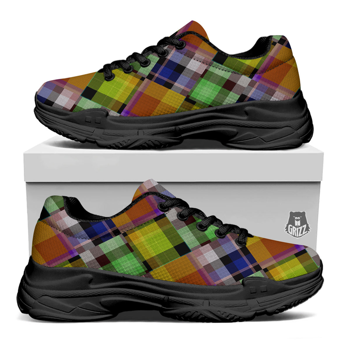 Diagonal Madras Plaid Print Pattern Black Chunky Shoes-grizzshop