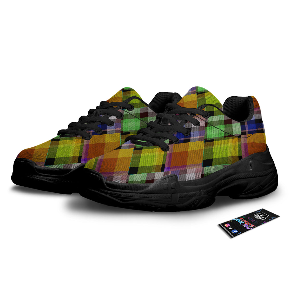 Diagonal Madras Plaid Print Pattern Black Chunky Shoes-grizzshop