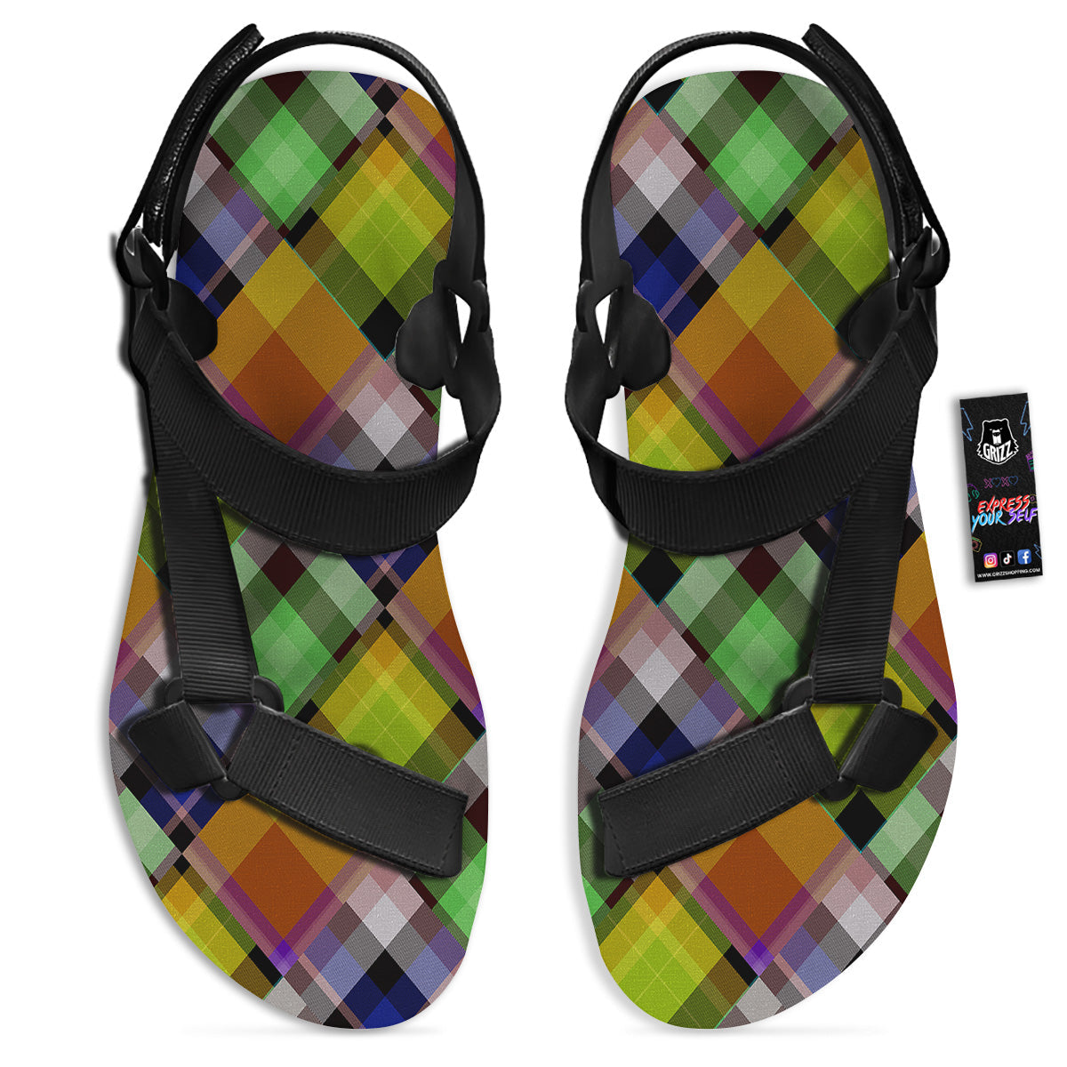 Diagonal Madras Plaid Print Pattern Black Open Toe Sandals-grizzshop