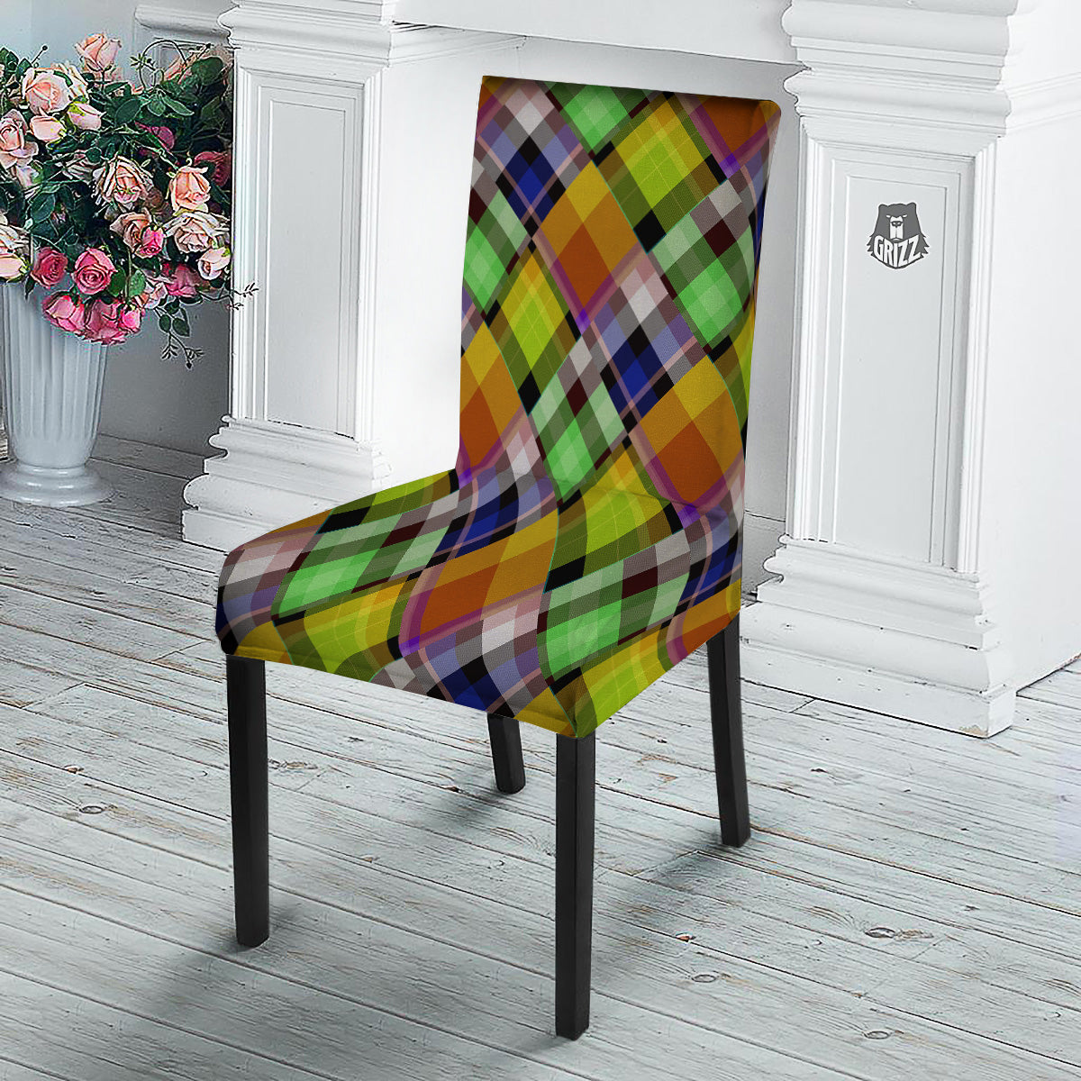 Diagonal Madras Plaid Print Pattern Dining Chair Slipcover-grizzshop