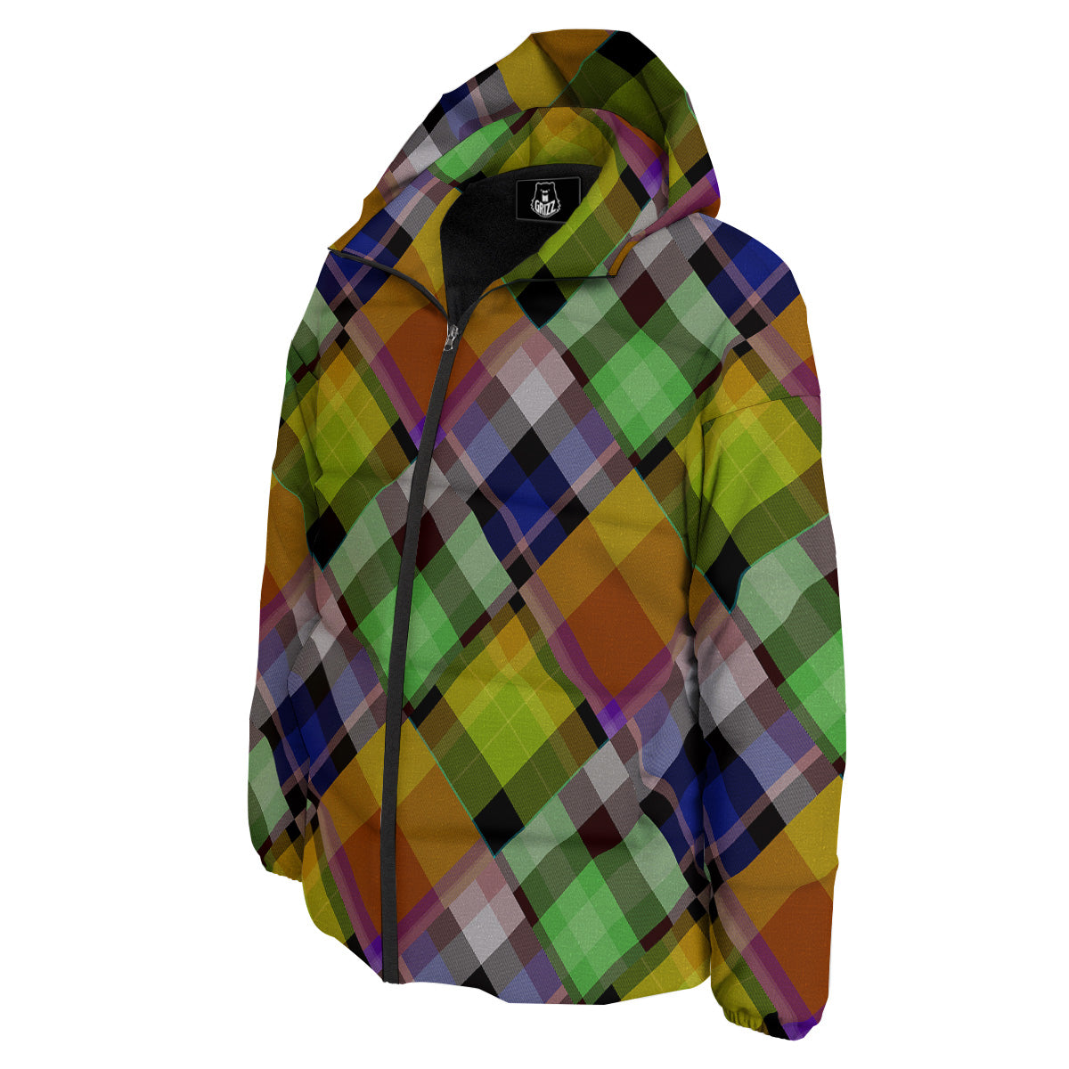 Diagonal Madras Plaid Print Pattern Down Jacket-grizzshop