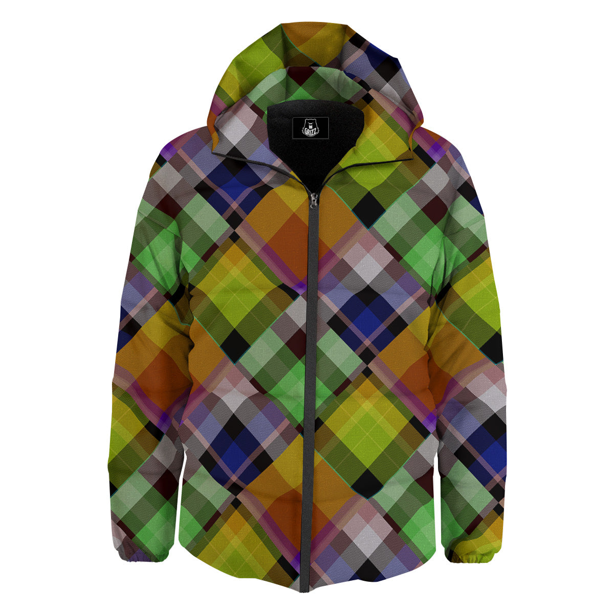 Diagonal Madras Plaid Print Pattern Down Jacket-grizzshop