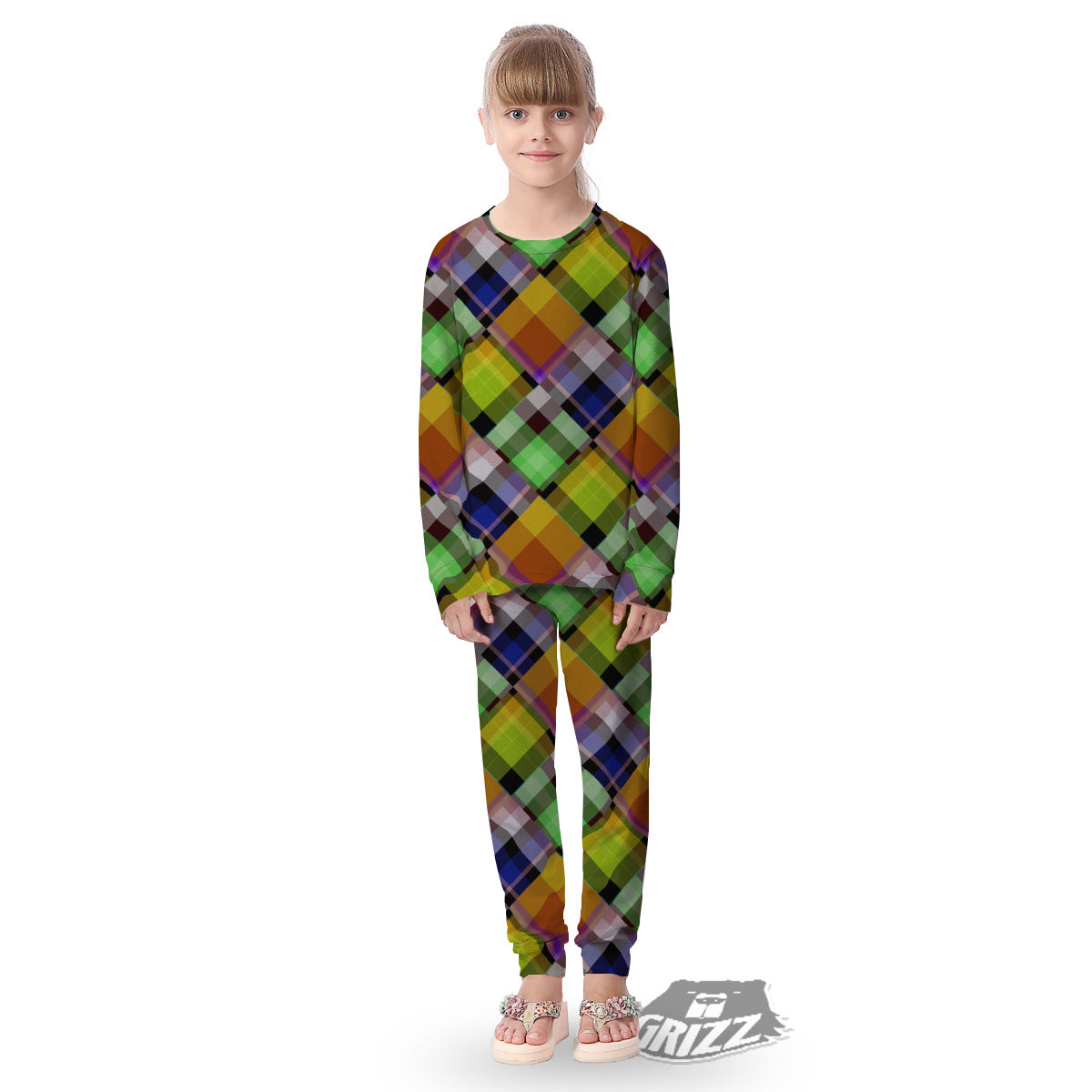 Diagonal Madras Plaid Print Pattern Kid's Pajamas-grizzshop
