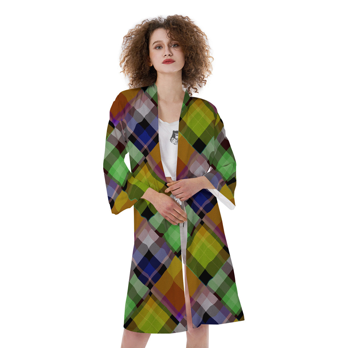 Diagonal Madras Plaid Print Pattern Kimono-grizzshop