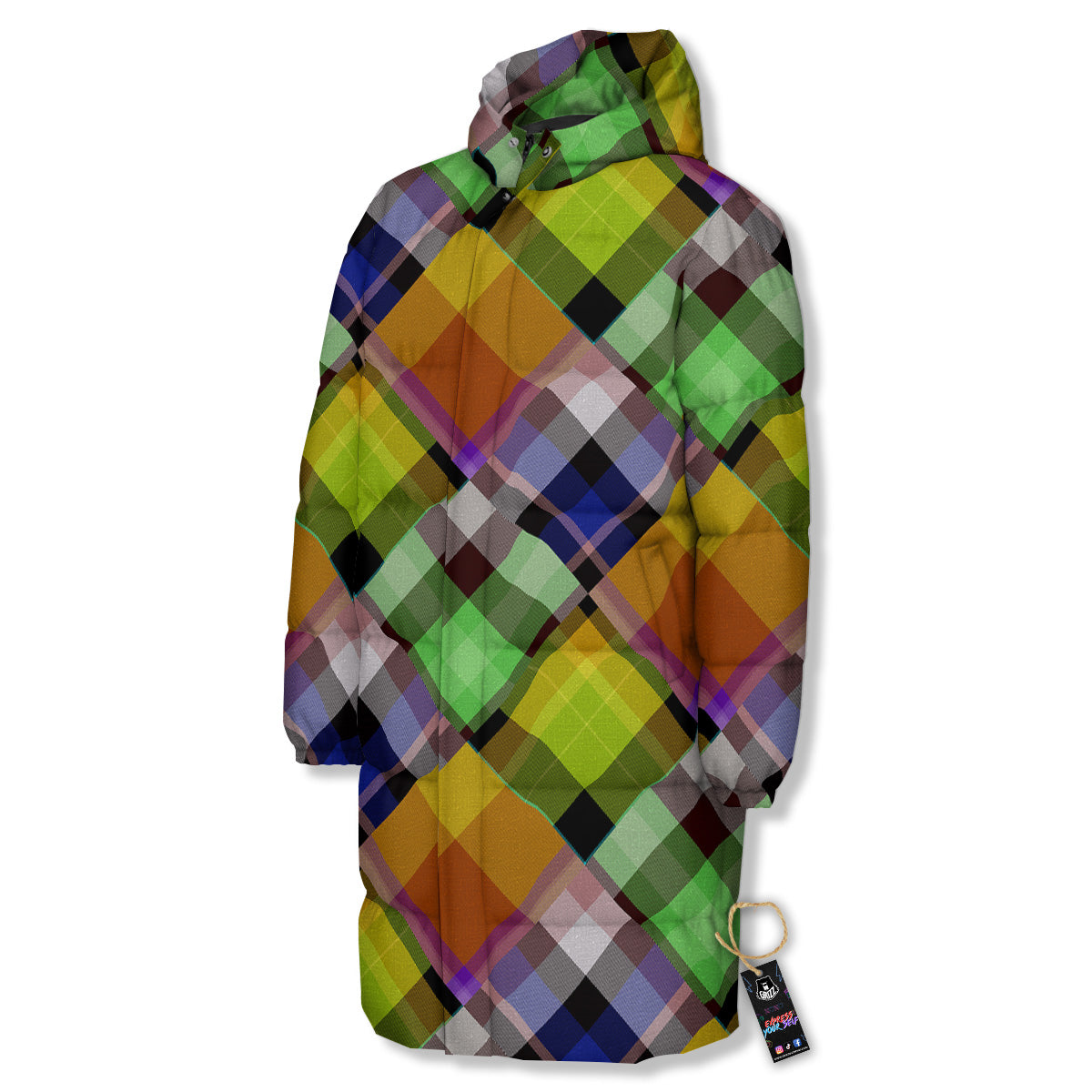 Diagonal Madras Plaid Print Pattern Long Down Jacket-grizzshop