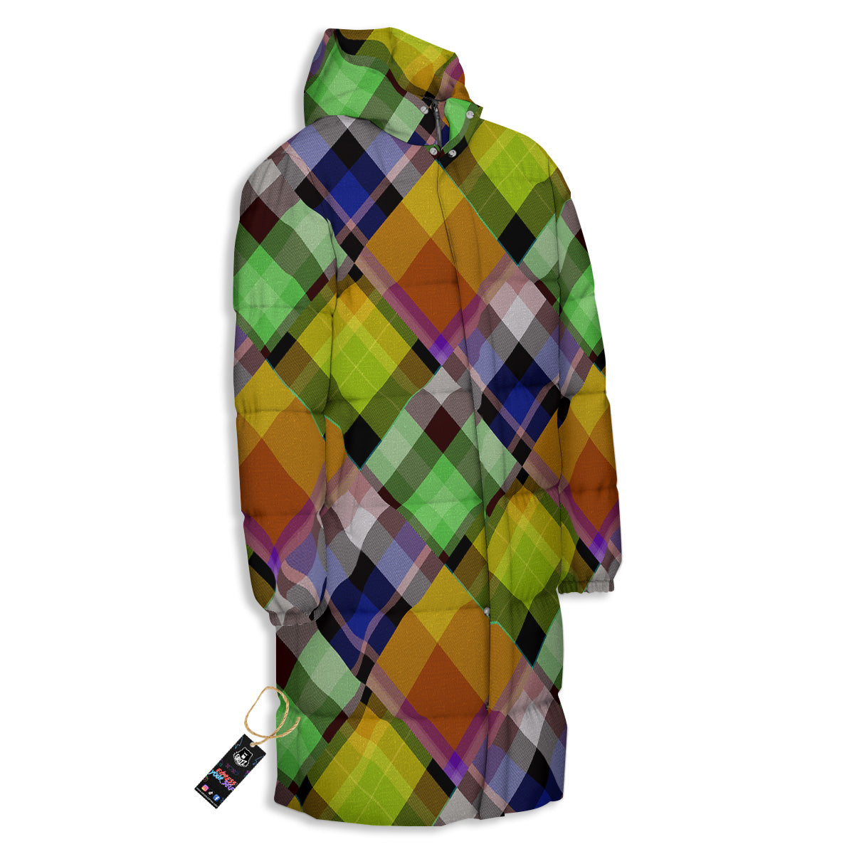 Diagonal Madras Plaid Print Pattern Long Down Jacket-grizzshop