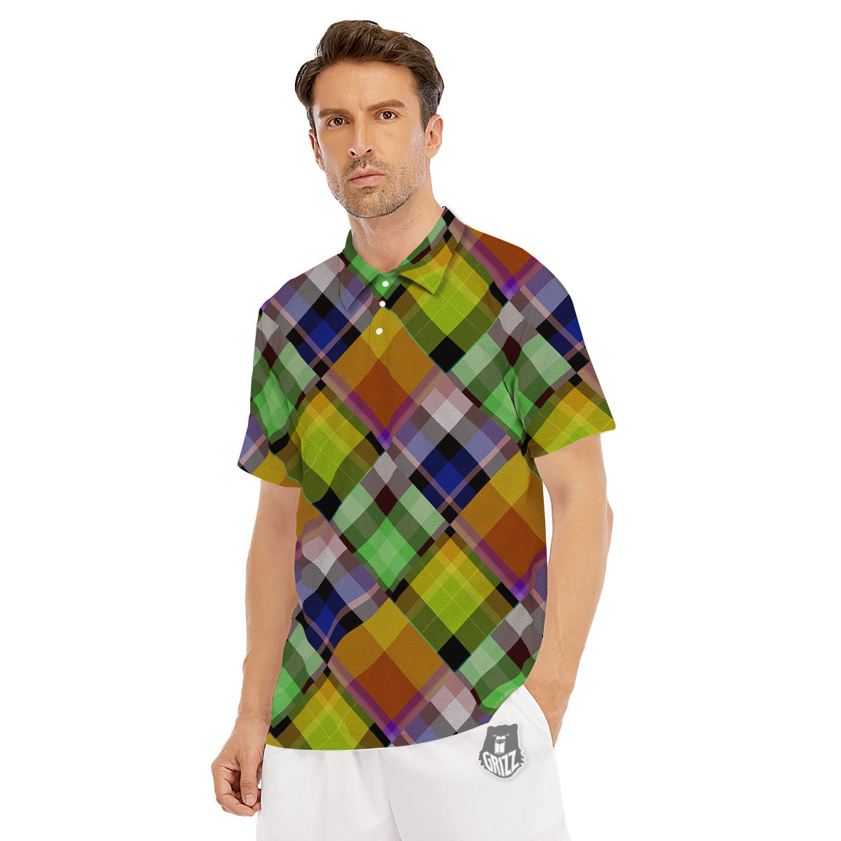 Diagonal Madras Plaid Print Pattern Men's Golf Shirts-grizzshop