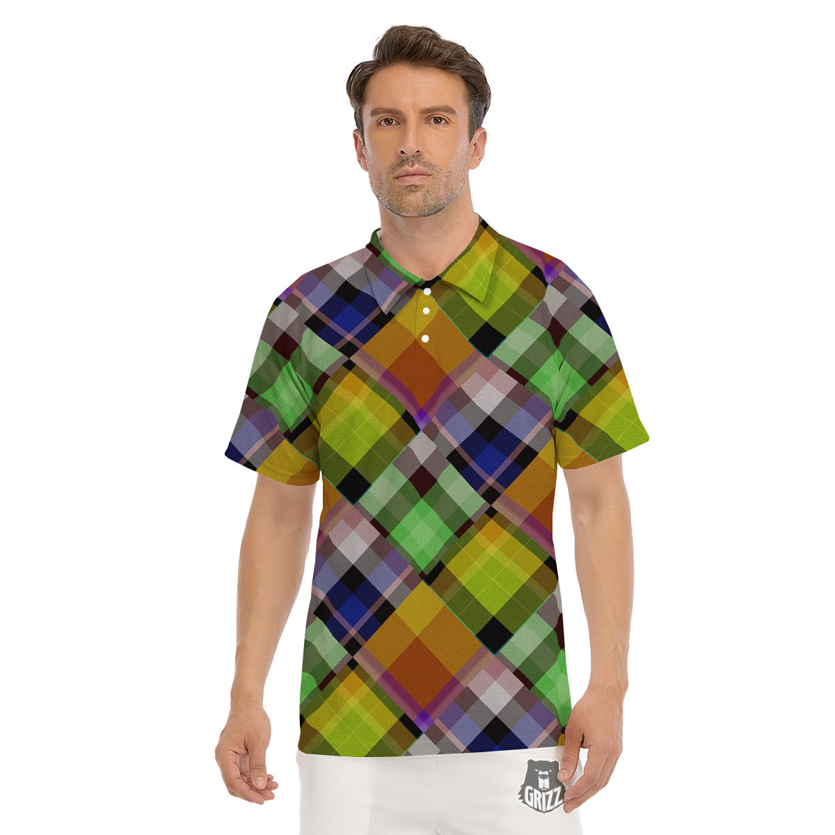 Diagonal Madras Plaid Print Pattern Men's Golf Shirts-grizzshop