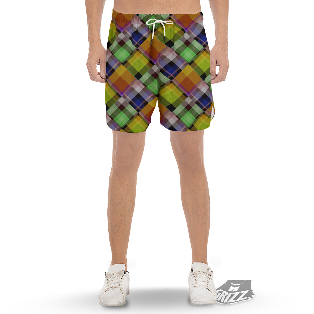 Diagonal Madras Plaid Print Pattern Men's Gym Shorts-grizzshop
