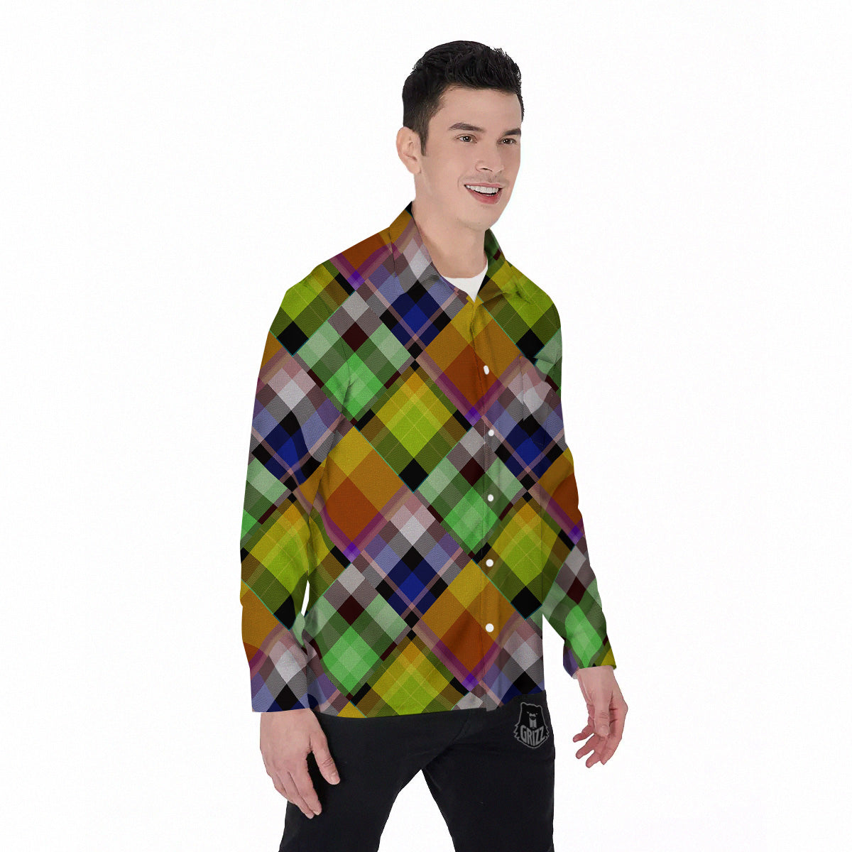 Diagonal Madras Plaid Print Pattern Men's Long Sleeve Shirts-grizzshop