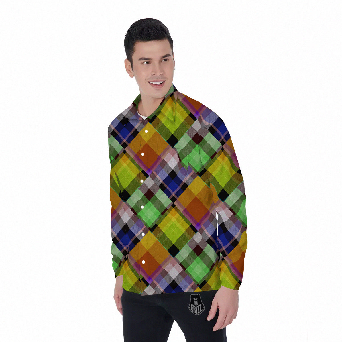 Diagonal Madras Plaid Print Pattern Men's Long Sleeve Shirts-grizzshop