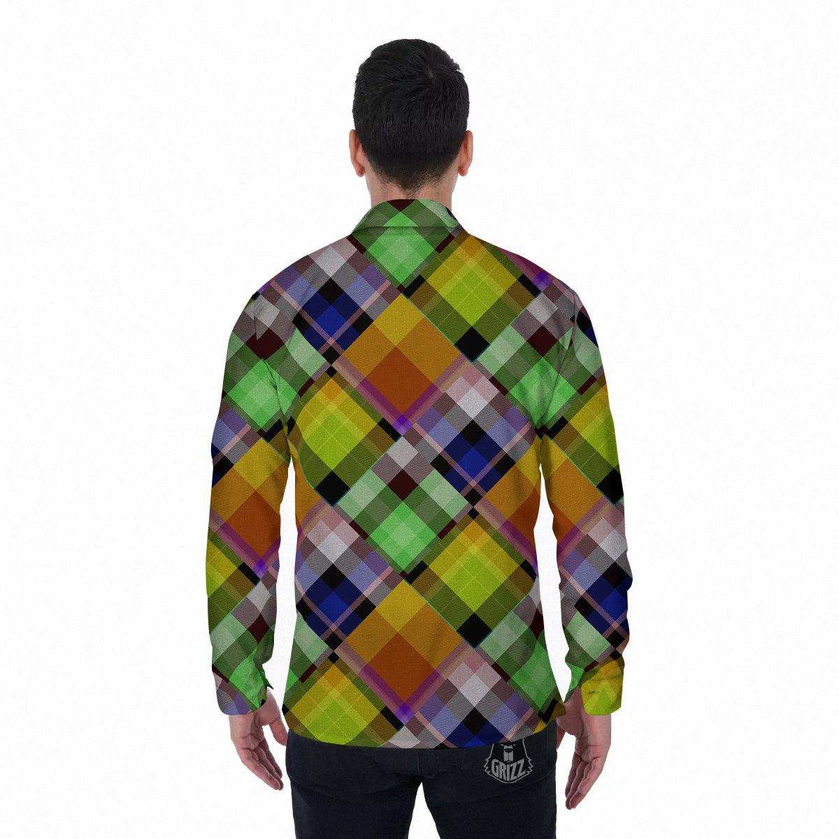 Diagonal Madras Plaid Print Pattern Men's Long Sleeve Shirts-grizzshop