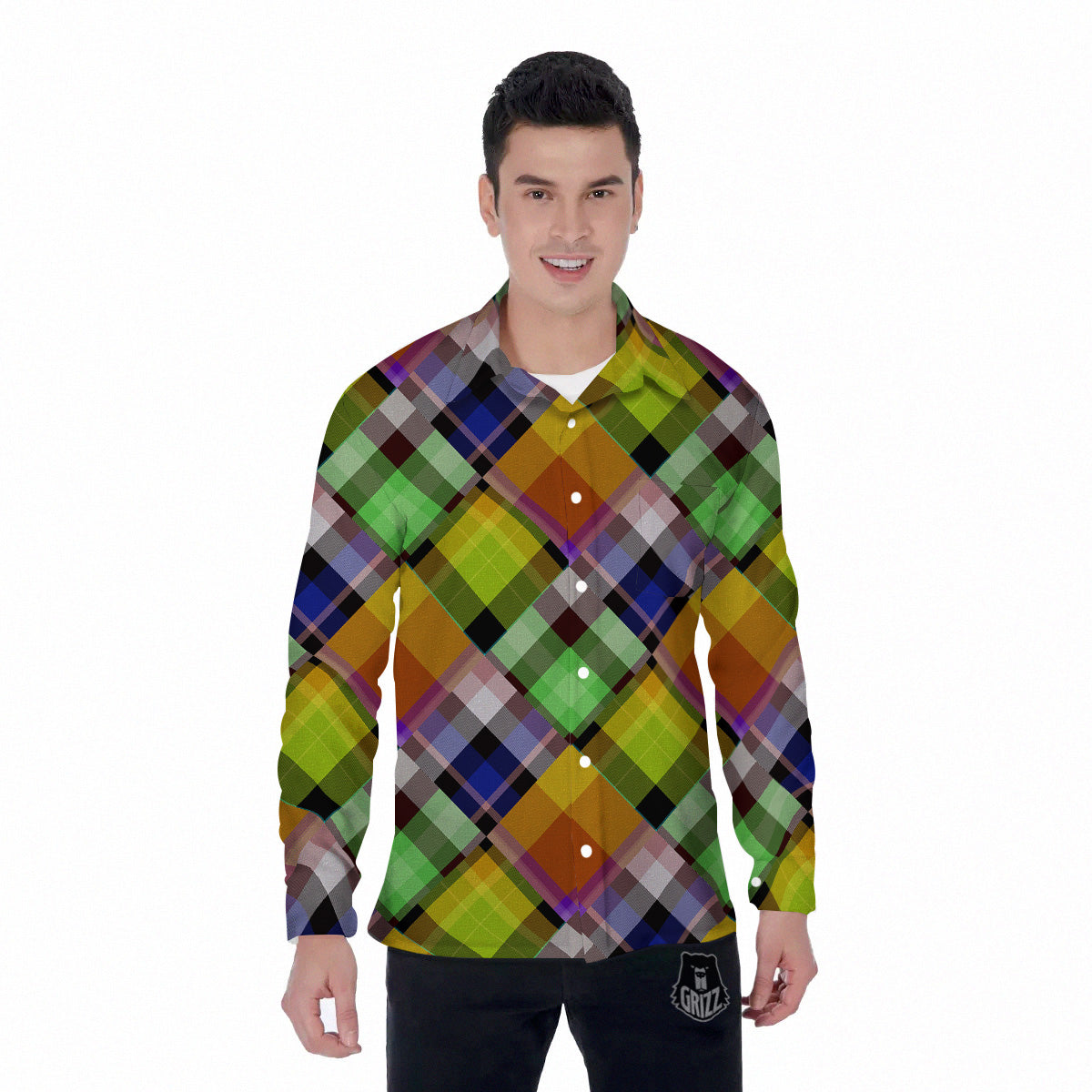 Diagonal Madras Plaid Print Pattern Men's Long Sleeve Shirts-grizzshop