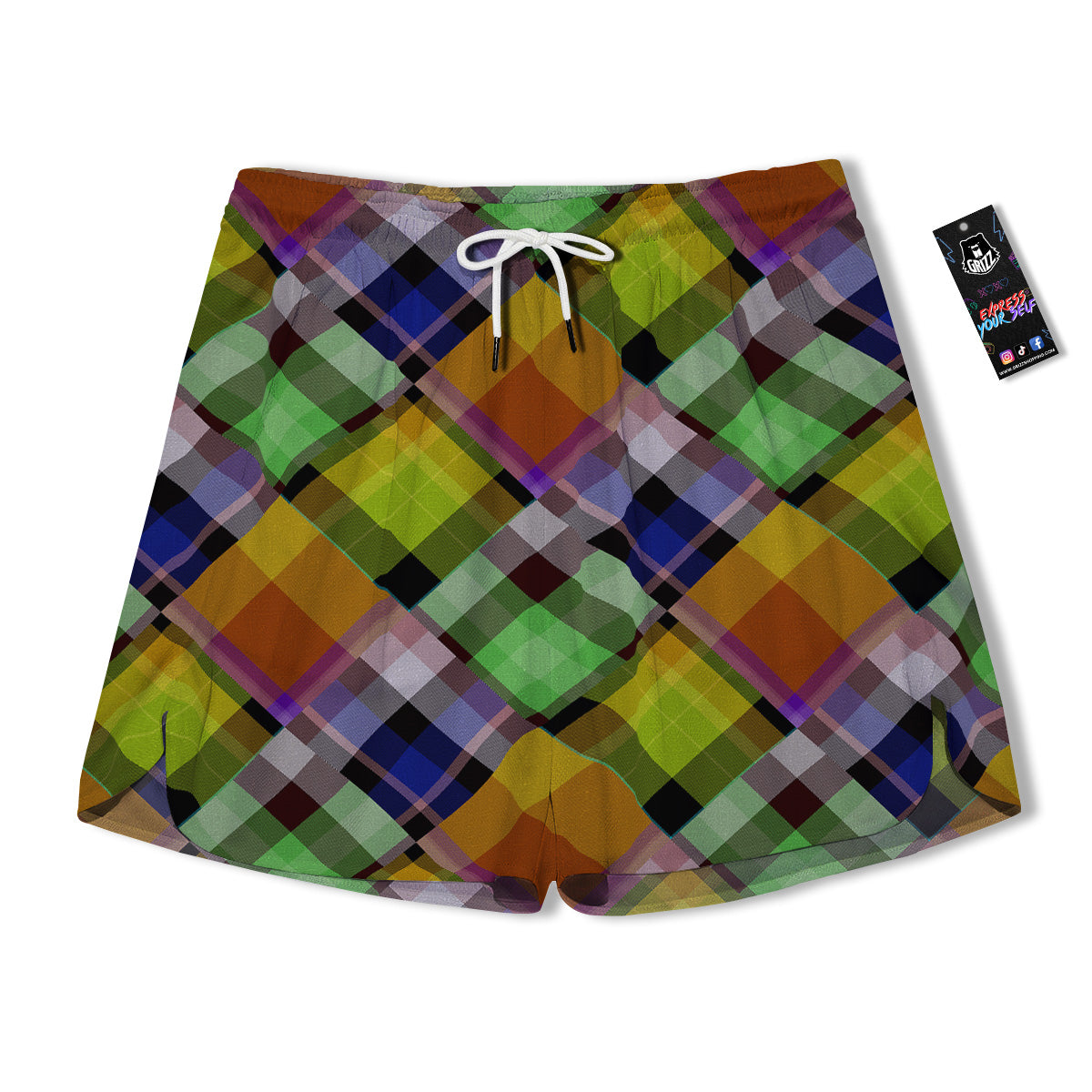 Diagonal Madras Plaid Print Pattern Men's Running Shorts-grizzshop