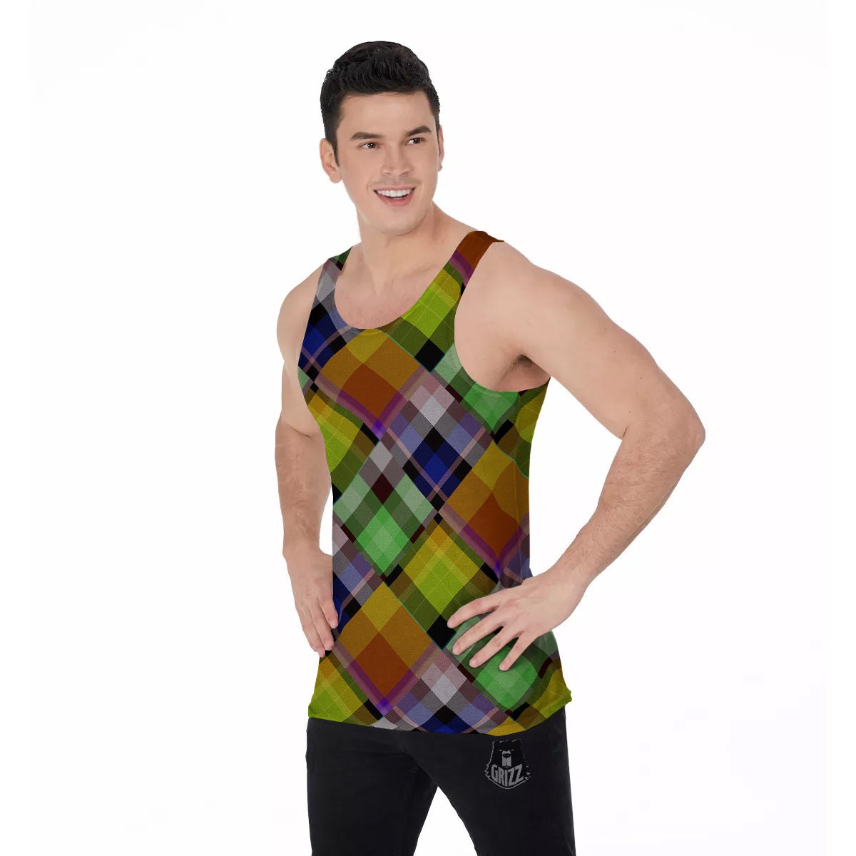Diagonal Madras Plaid Print Pattern Men's Tank Top-grizzshop