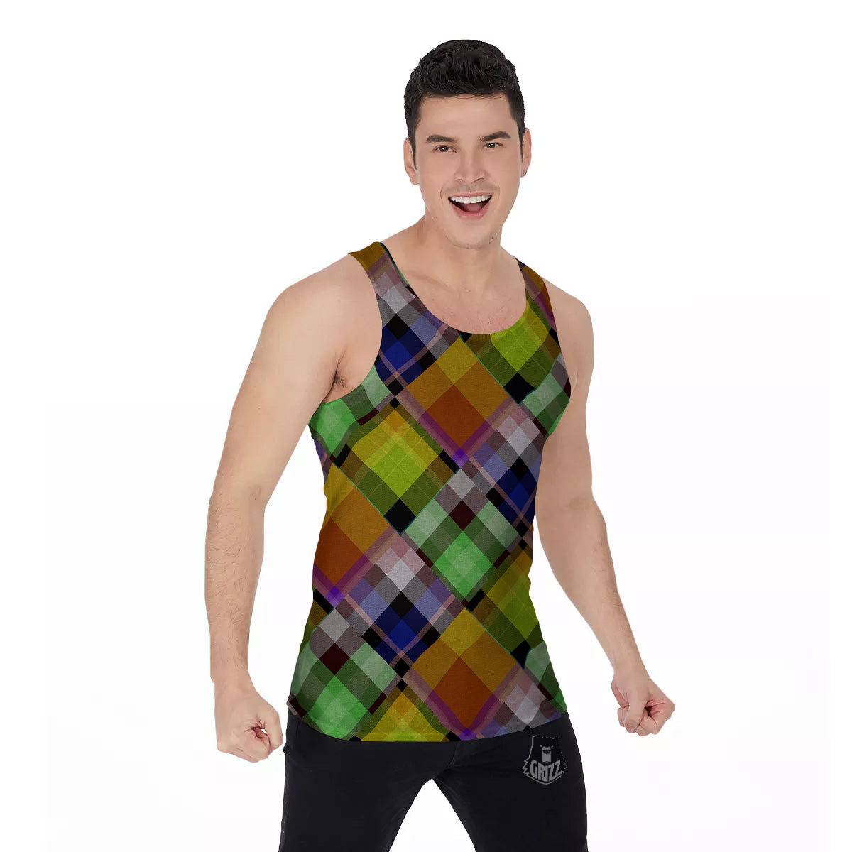 Diagonal Madras Plaid Print Pattern Men's Tank Top-grizzshop