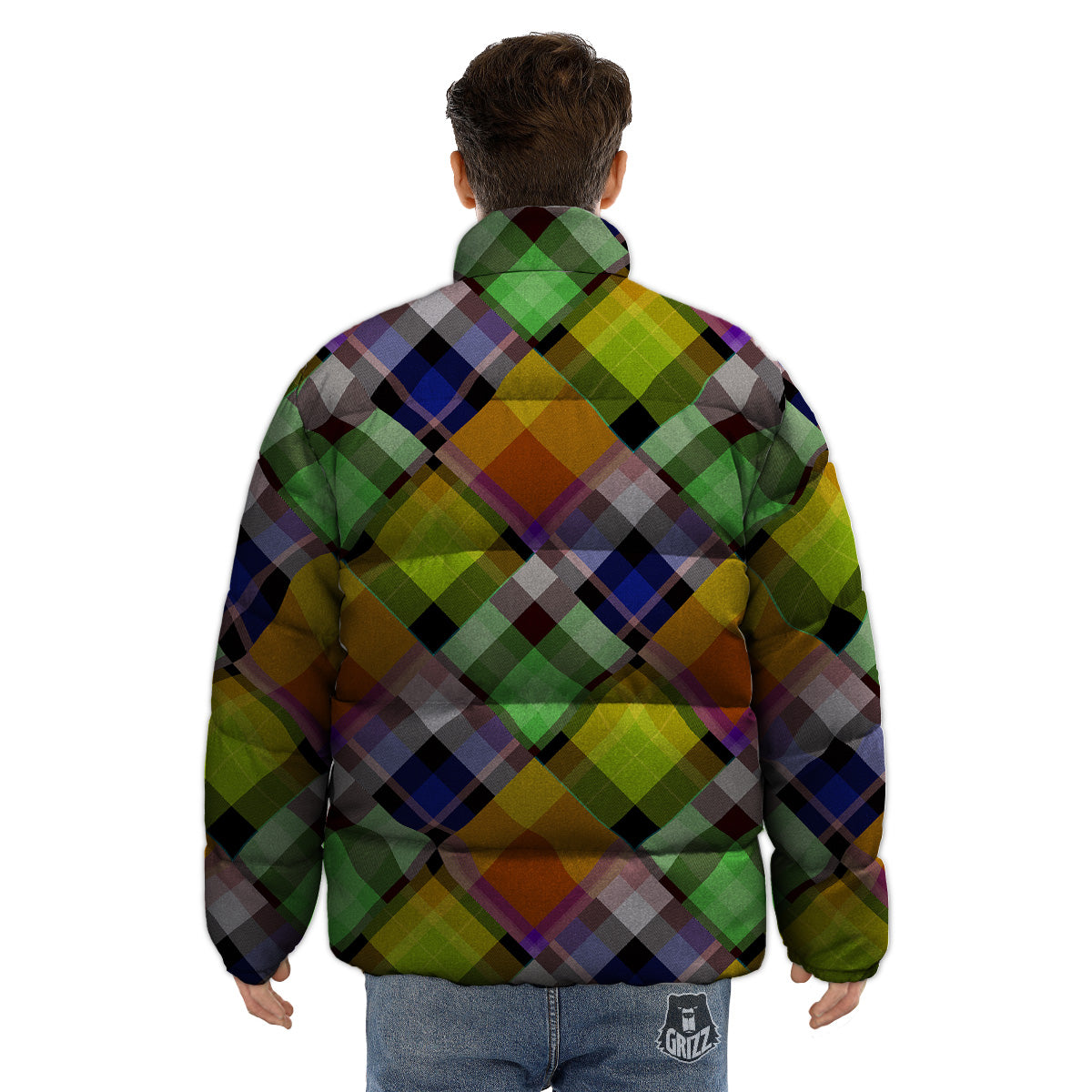 Diagonal Madras Plaid Print Pattern Puffer Jacket-grizzshop