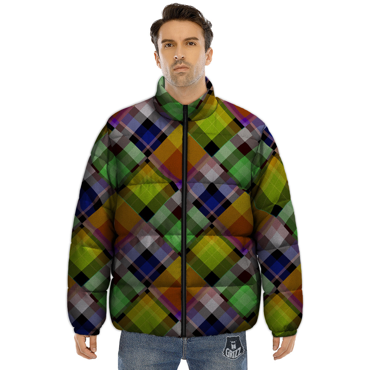 Diagonal Madras Plaid Print Pattern Puffer Jacket-grizzshop