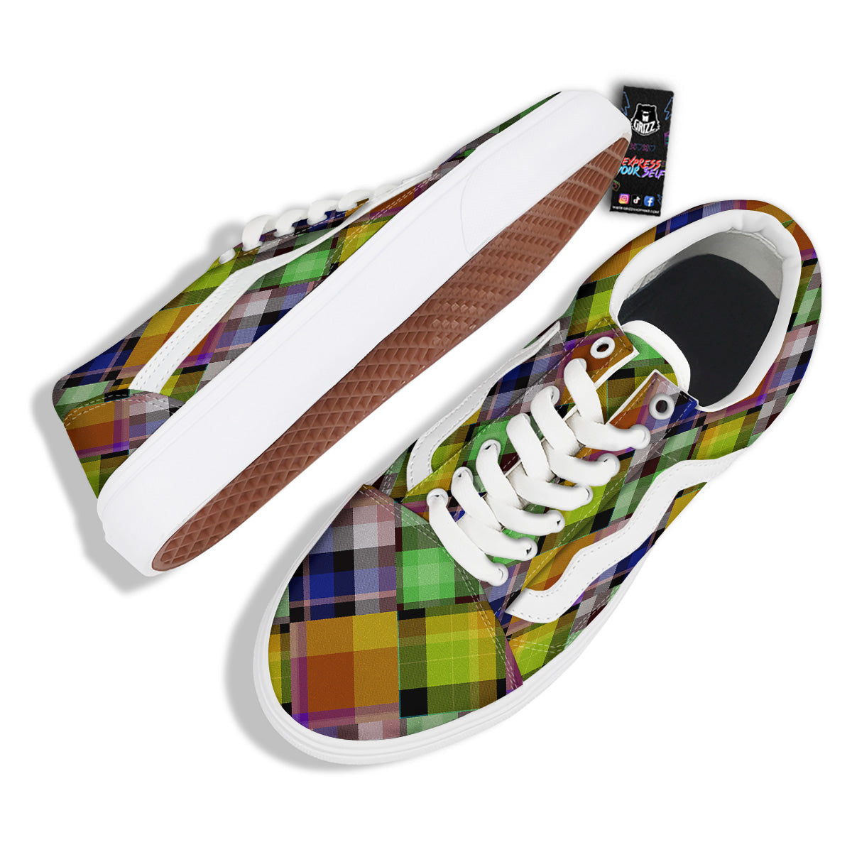 Diagonal Madras Plaid Print Pattern Skate Shoes-grizzshop
