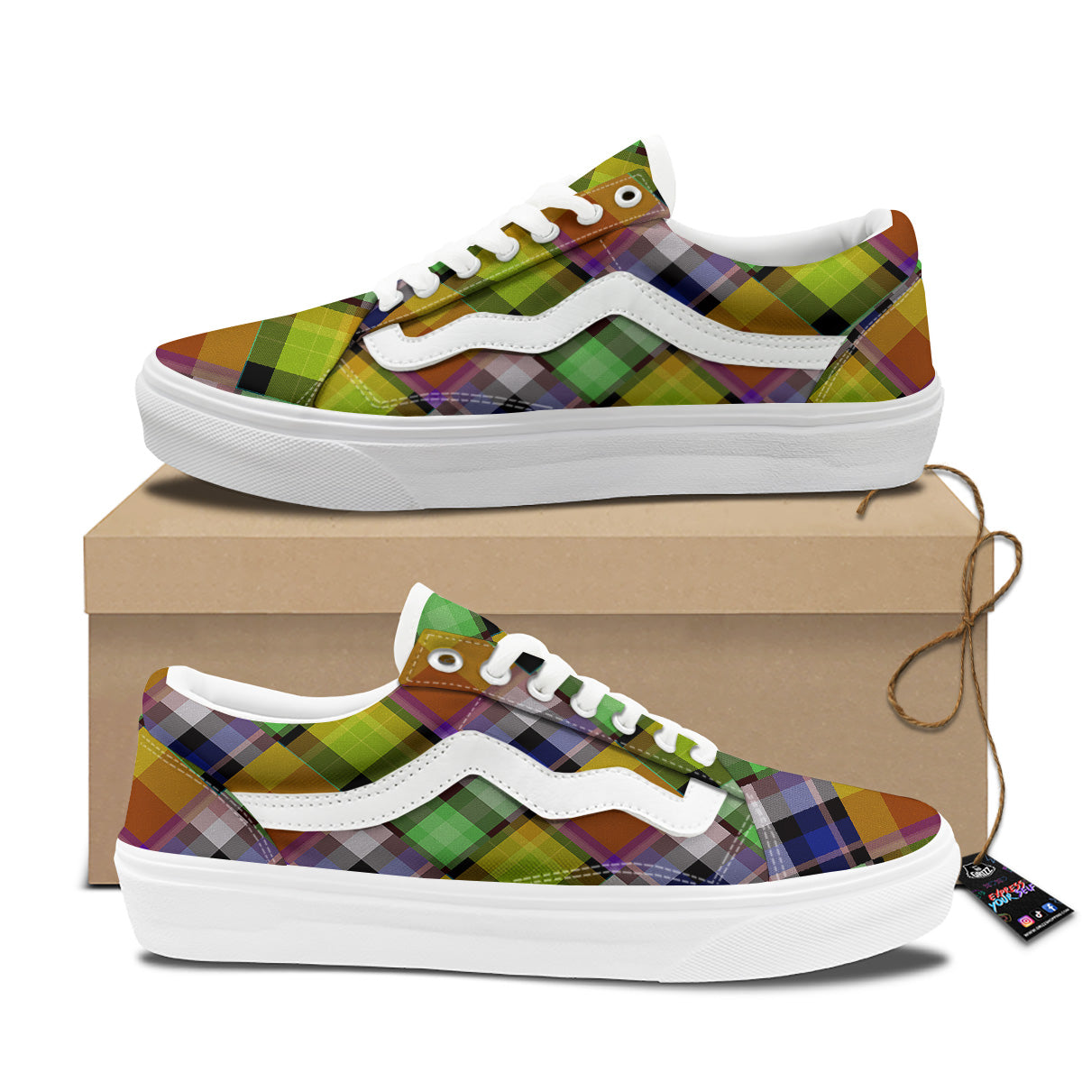 Diagonal Madras Plaid Print Pattern Skate Shoes-grizzshop