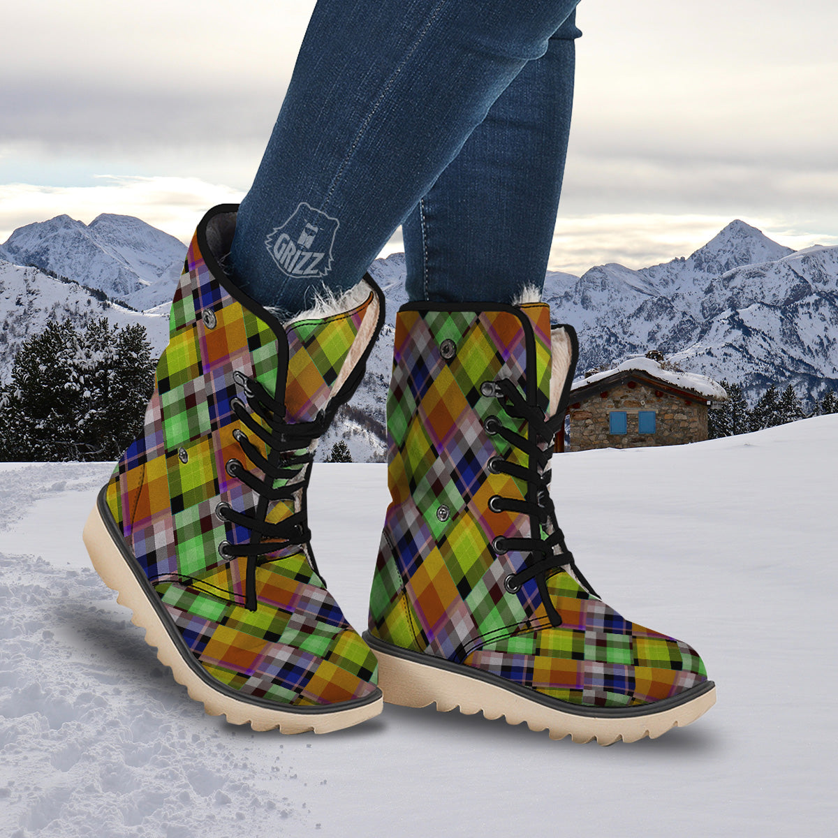 Diagonal Madras Plaid Print Pattern Snow Boots-grizzshop