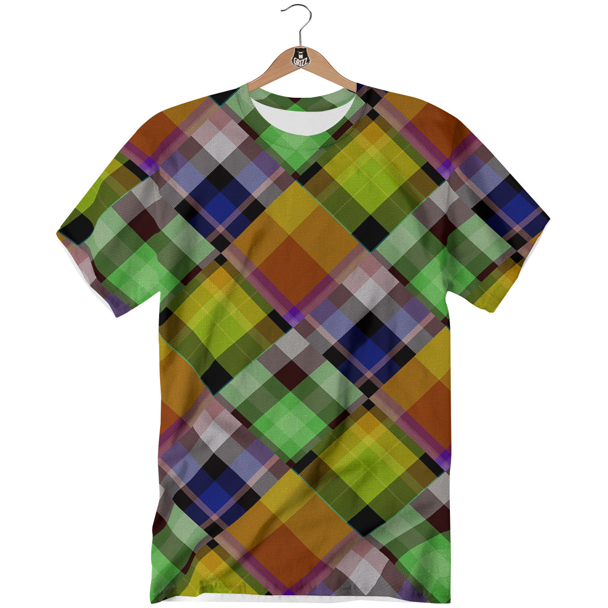 Diagonal Madras Plaid Print Pattern T-Shirt-grizzshop
