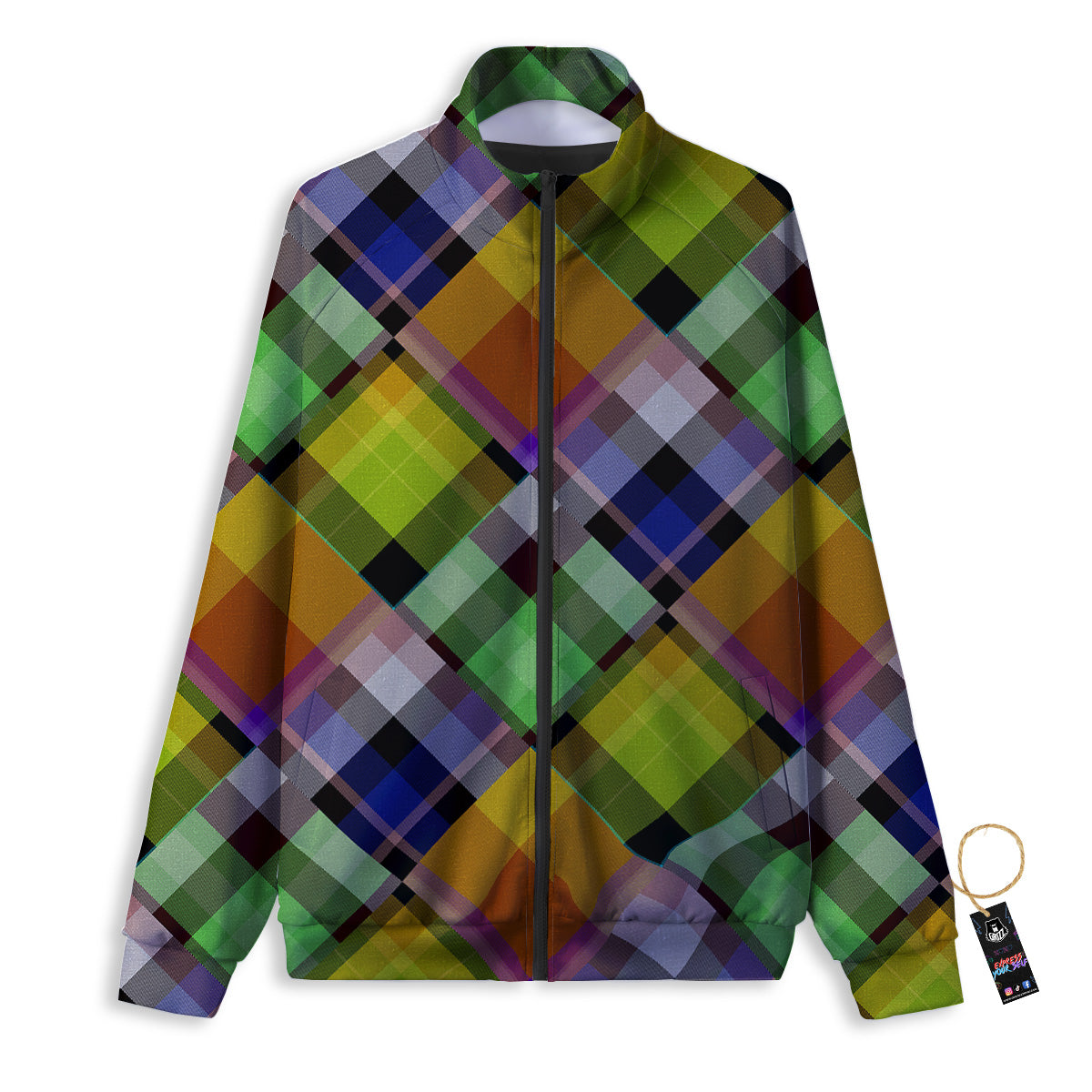 Diagonal Madras Plaid Print Pattern Track Jacket-grizzshop