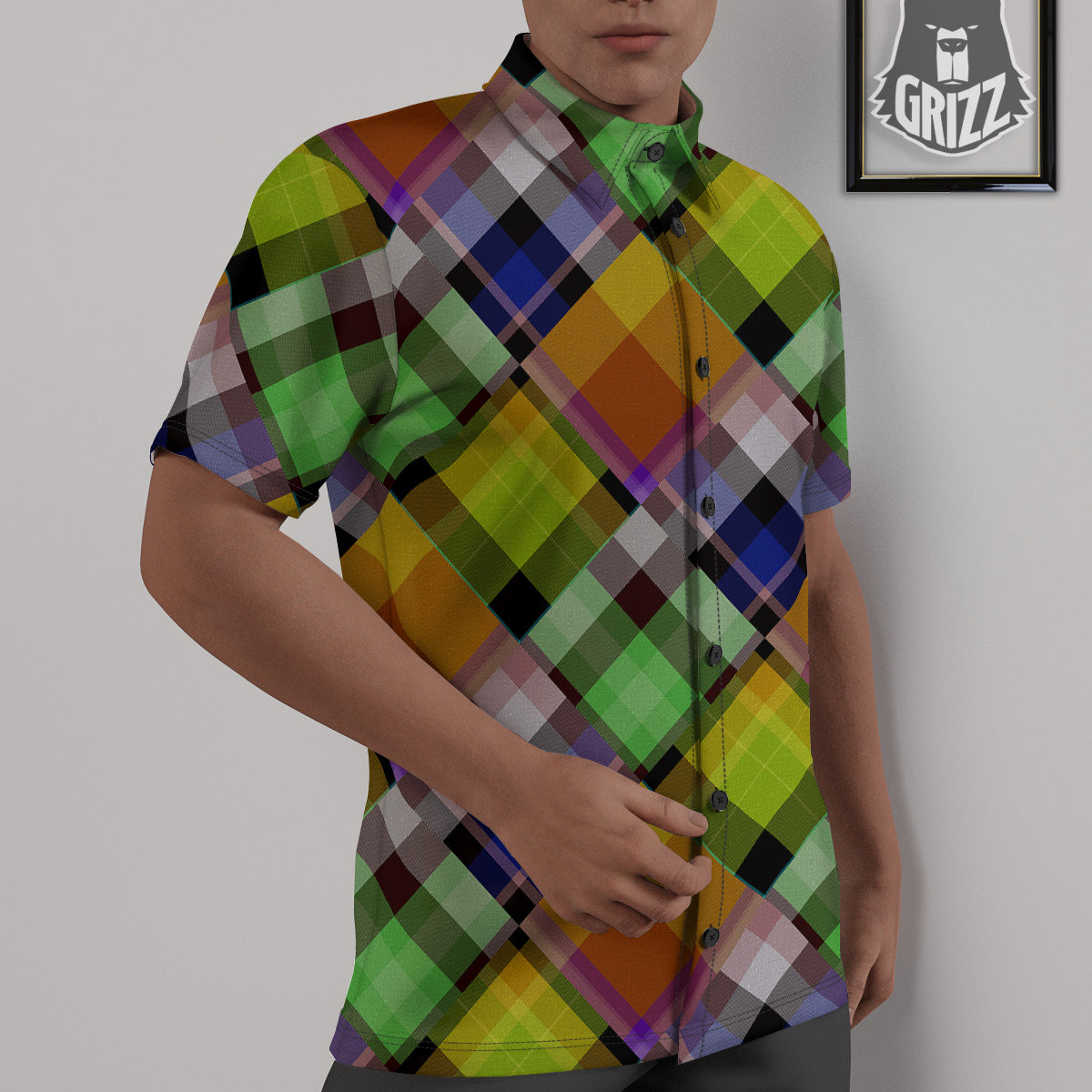 Diagonal Madras Plaid Print Pattern Untucked Shirts-grizzshop