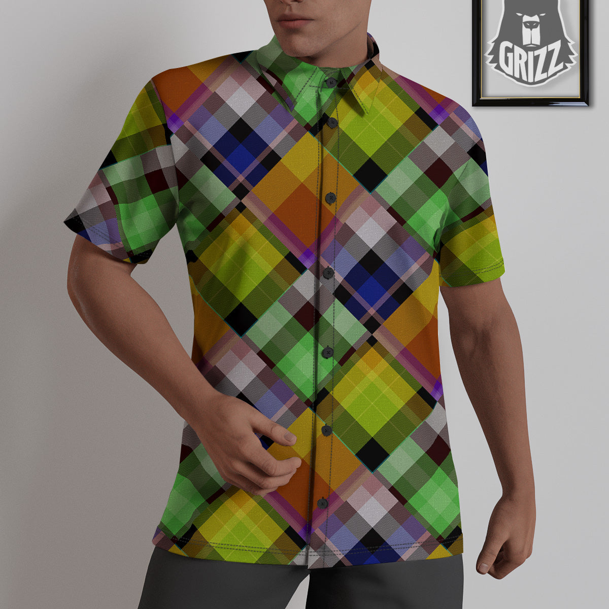 Diagonal Madras Plaid Print Pattern Untucked Shirts-grizzshop