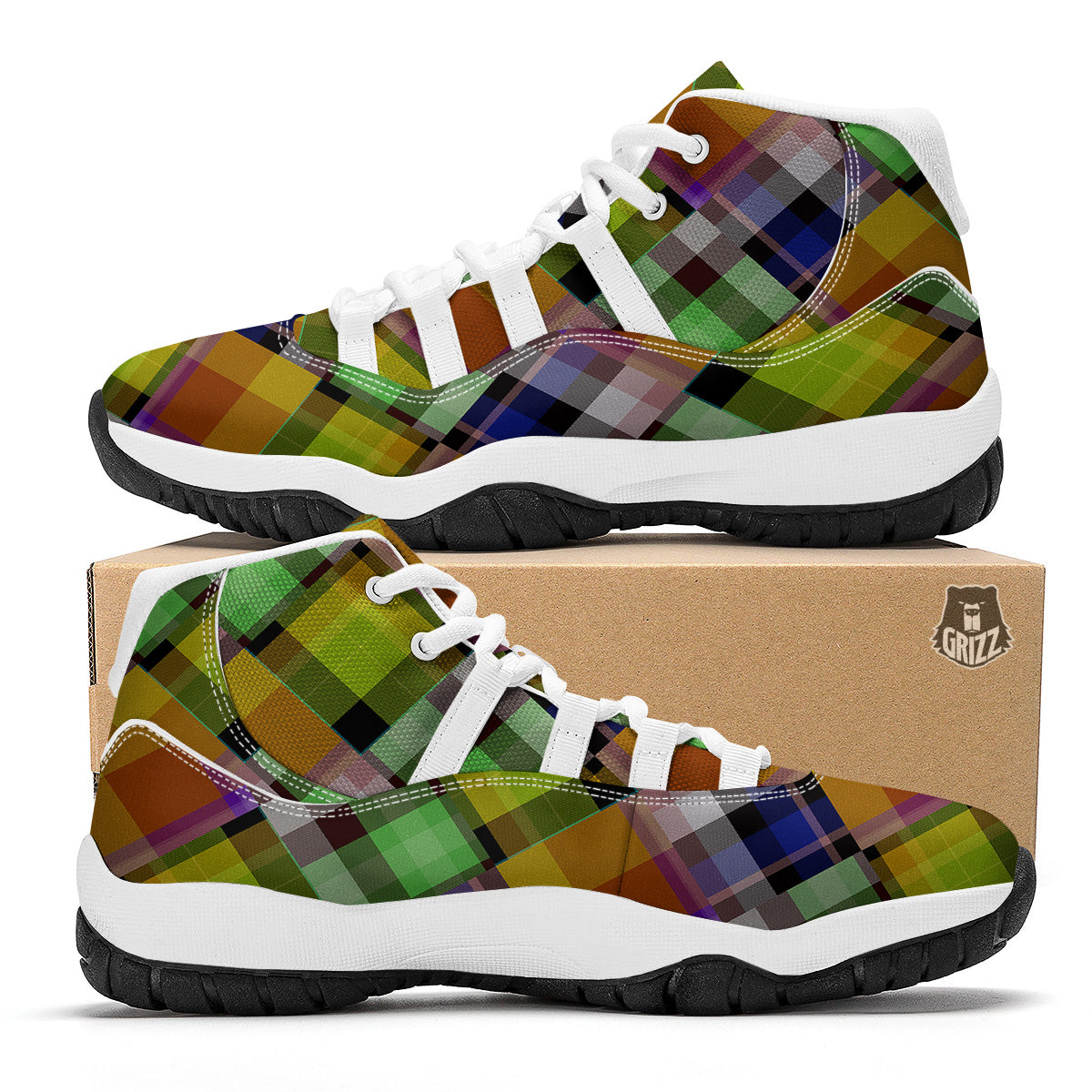 Diagonal Madras Plaid Print Pattern White Bball Shoes-grizzshop