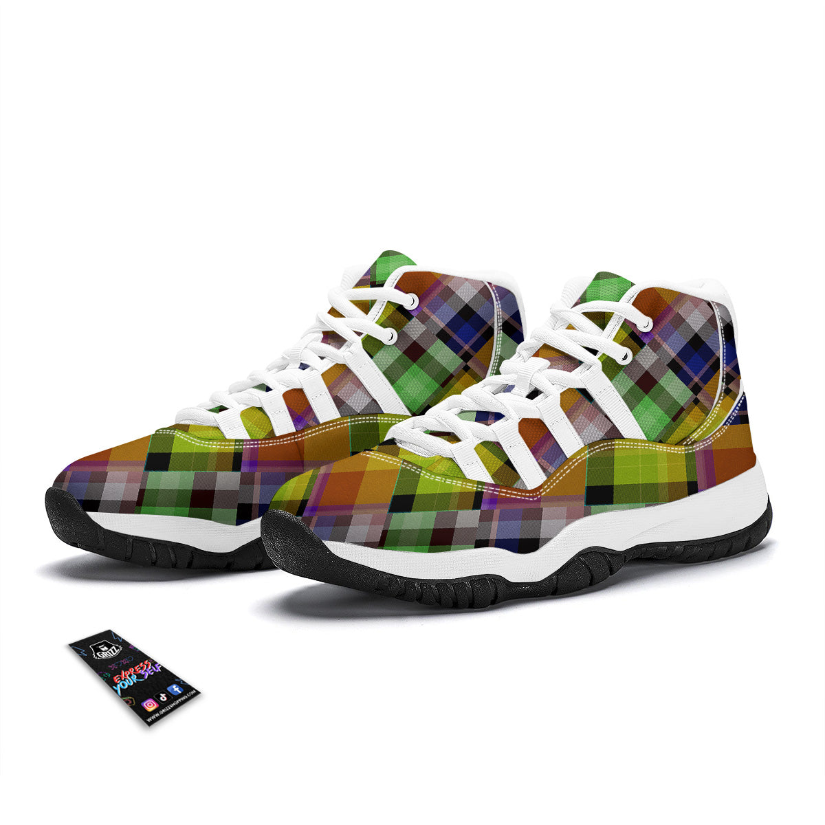 Diagonal Madras Plaid Print Pattern White Bball Shoes-grizzshop